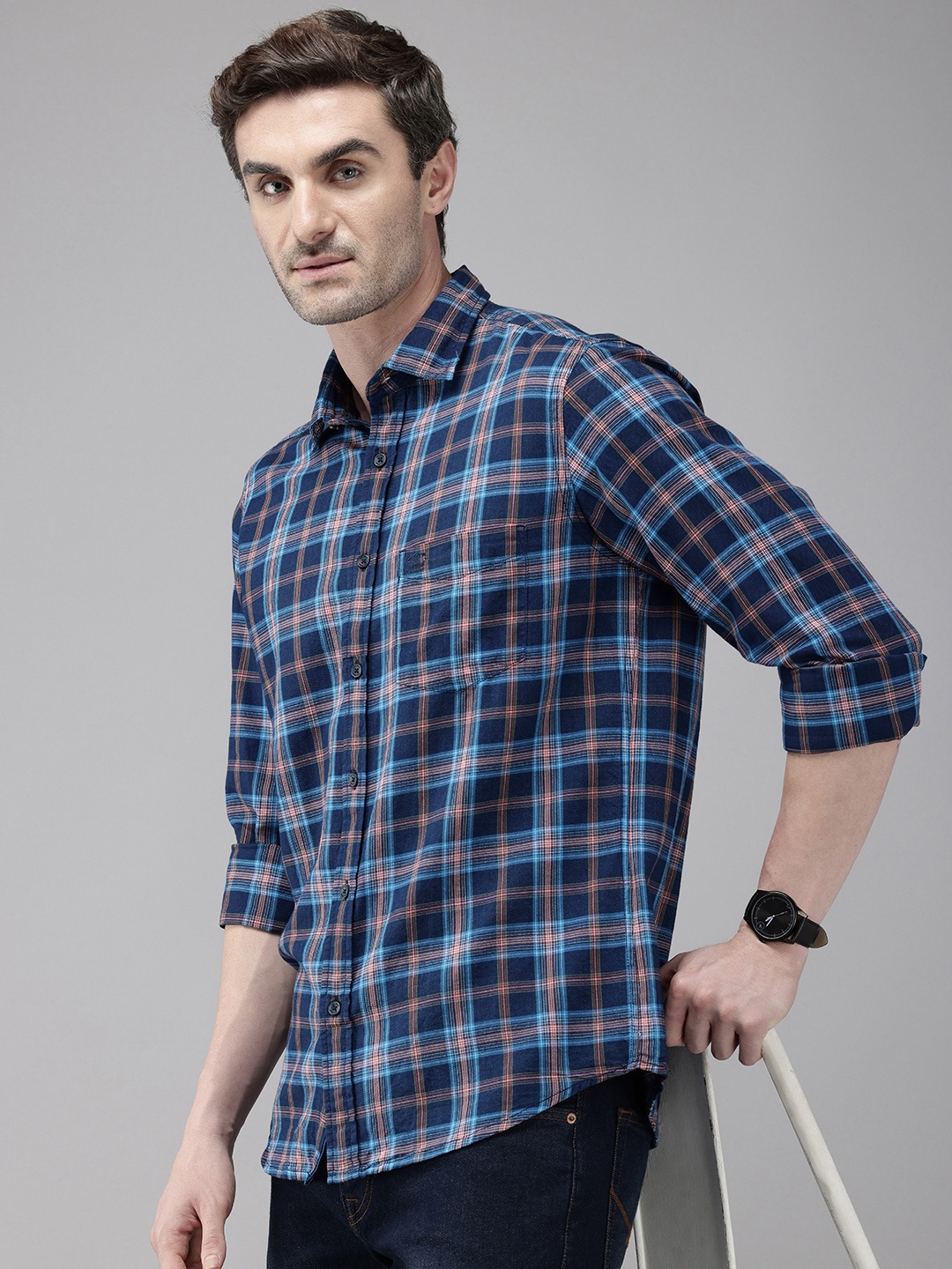 

ColorPlus Opaque Checked Pure Cotton Casual Shirt, Navy blue