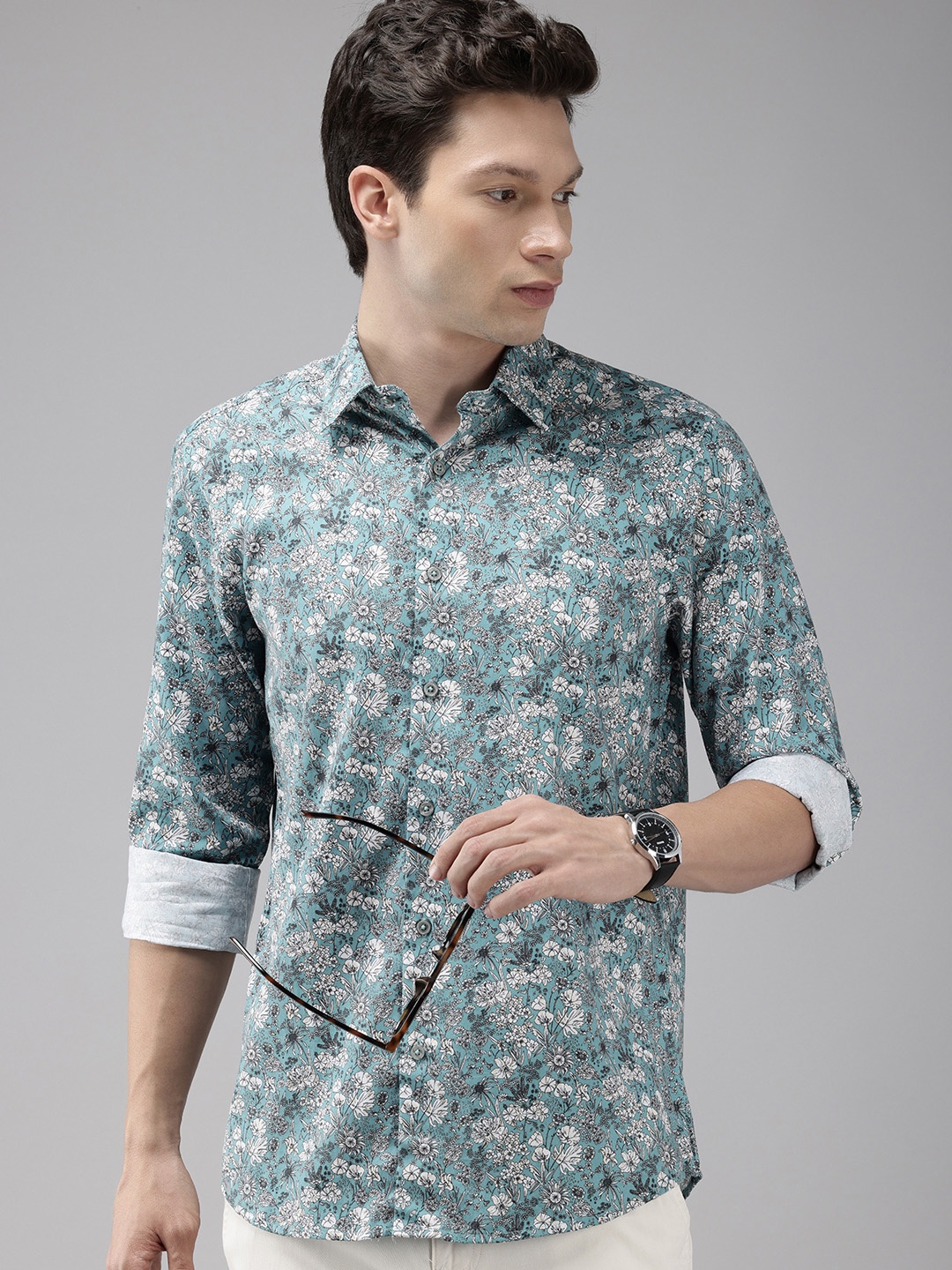 

ColorPlus Tailored Fit Floral Printed Opaque Pure Cotton Casual Shirt, Teal