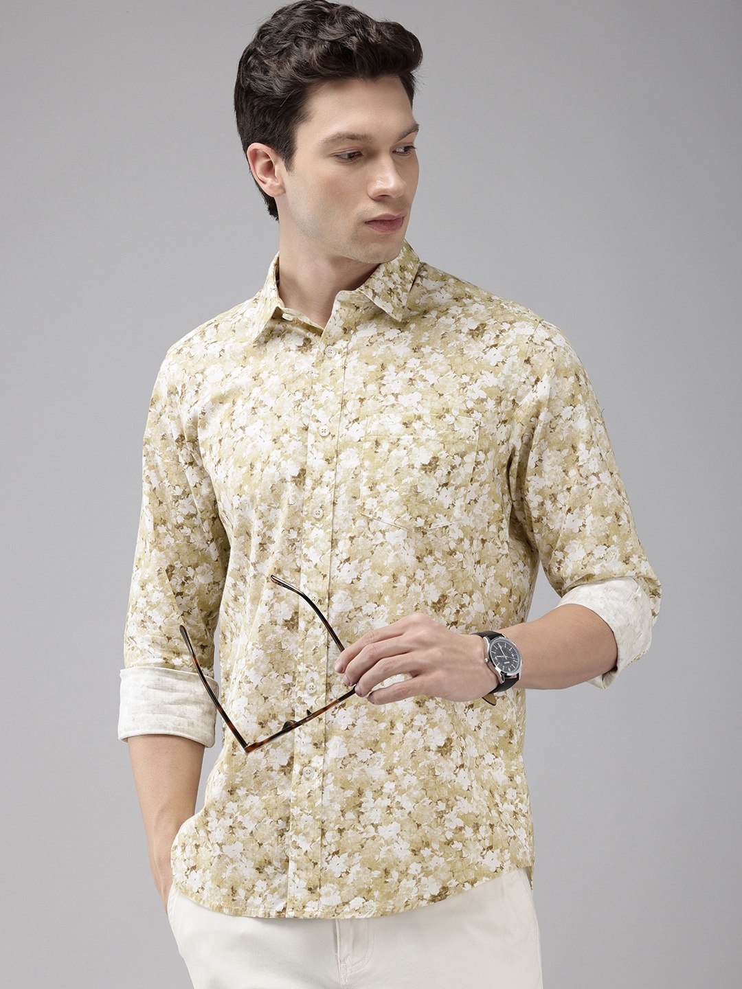 

ColorPlus Contemporary Floral Printed Pure Cotton Casual Shirt, Khaki