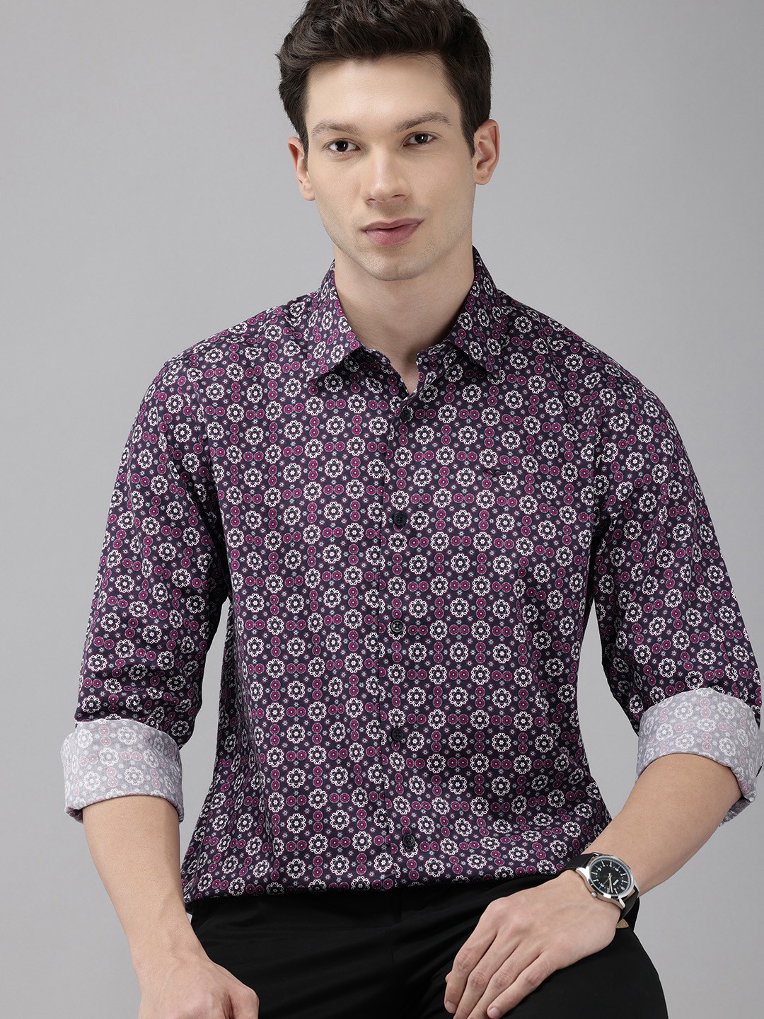 

ColorPlus Tailored Fit Floral Printed Pure Cotton Casual Shirt, Purple