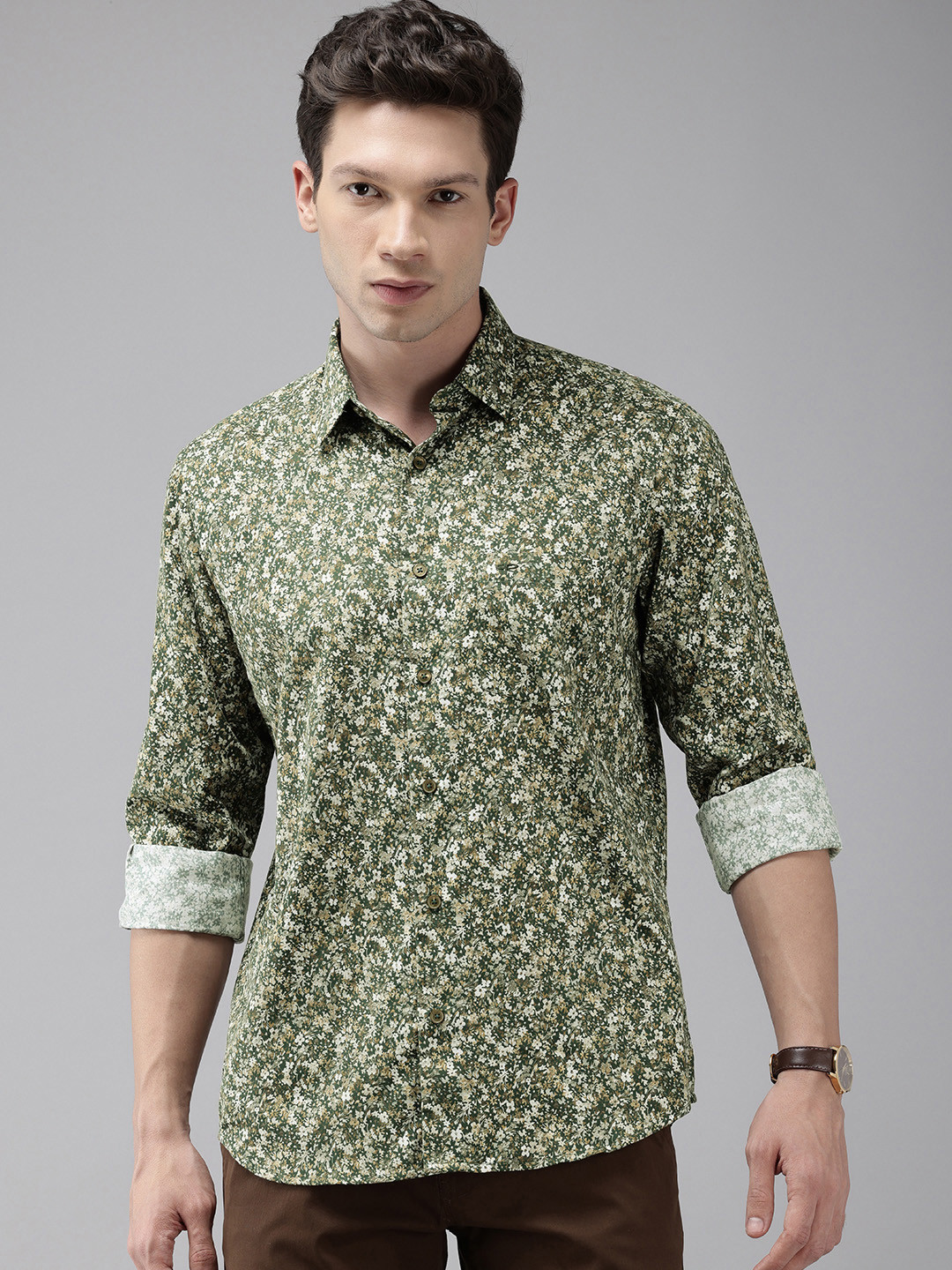 

ColorPlus Tailored Fit Floral Printed Pure Cotton Casual Shirt, Green