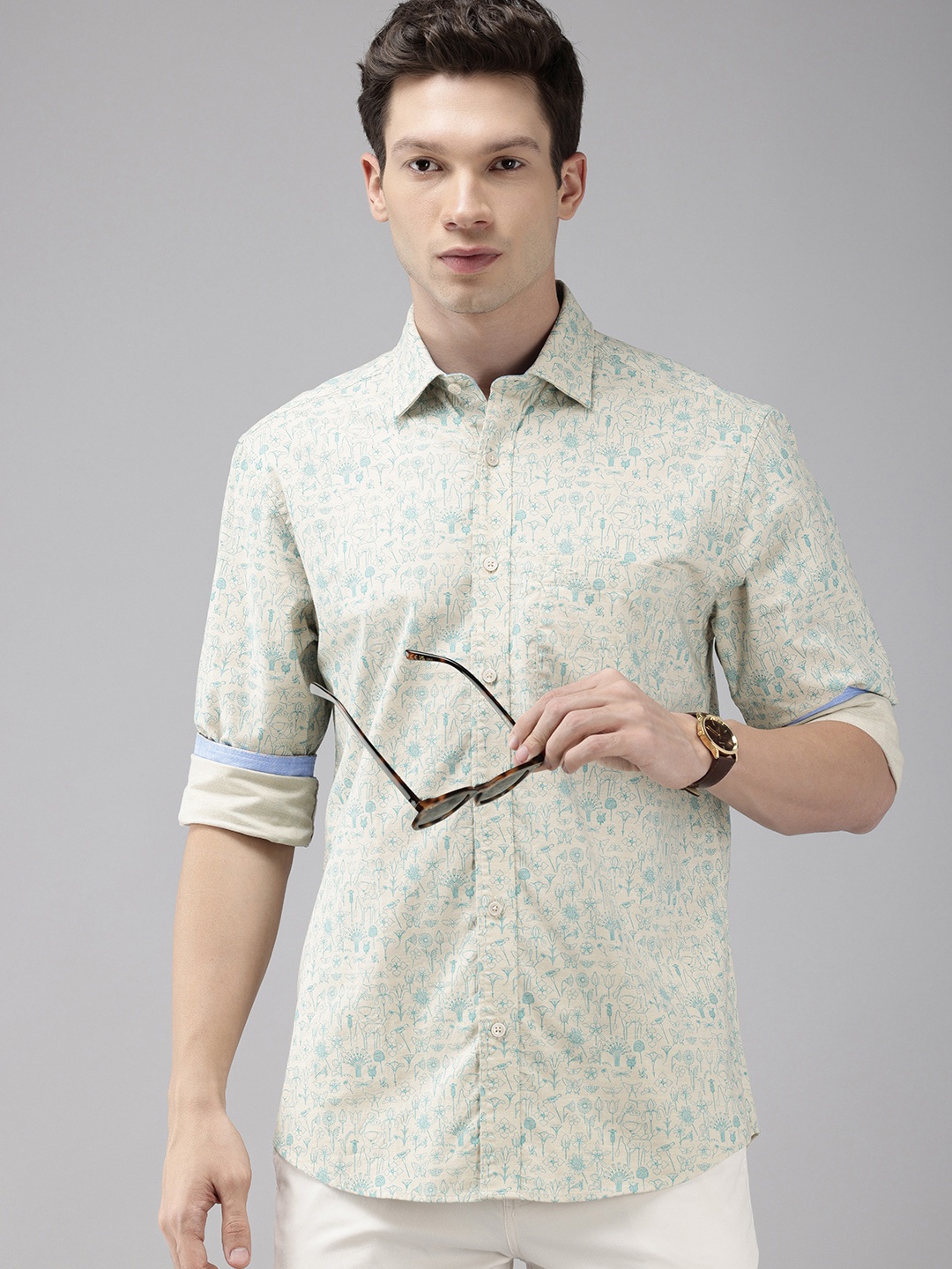 

ColorPlus Tailored Fit Floral Printed Pure Cotton Casual Shirt, Beige