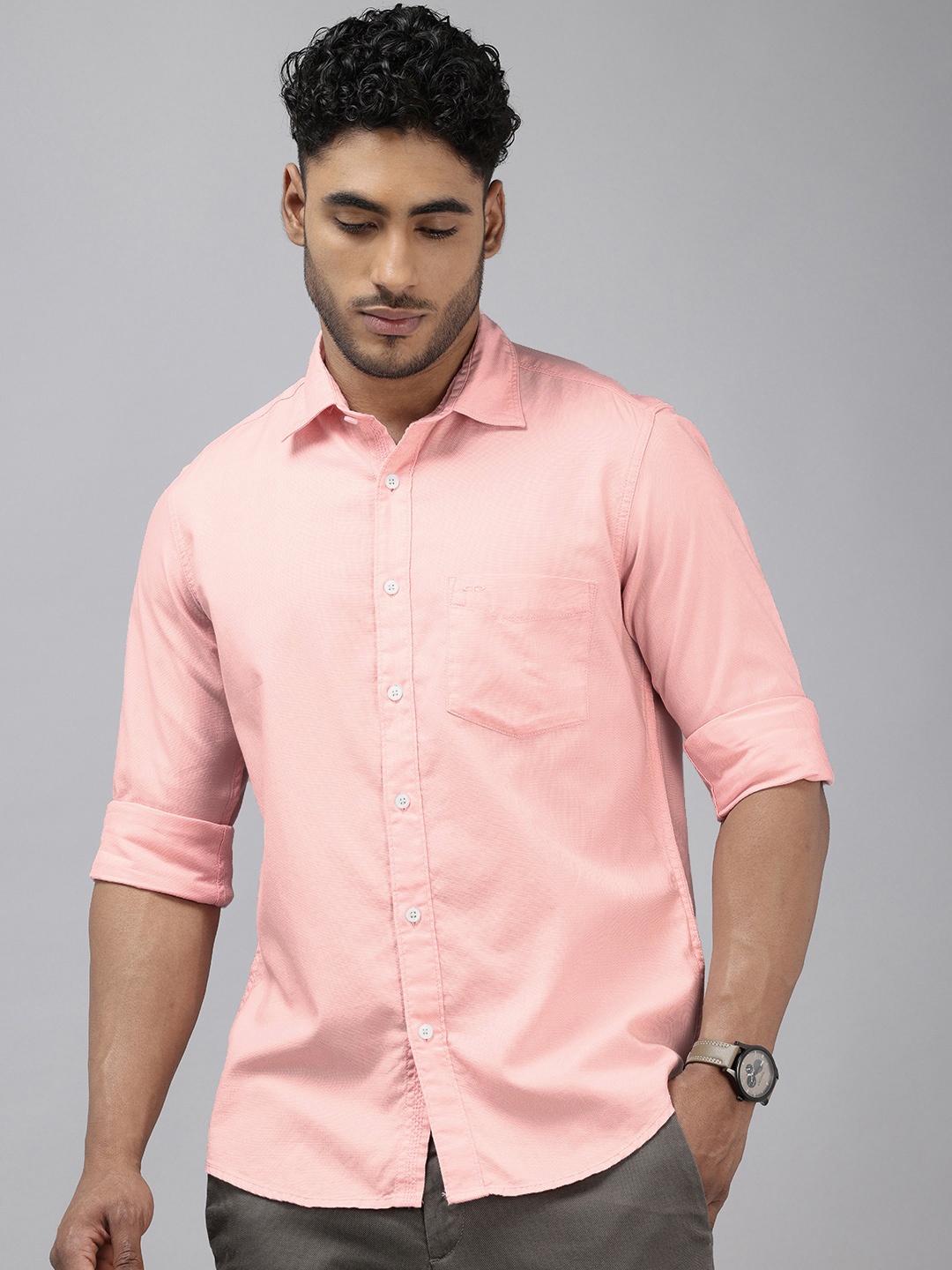 ColorPlus Pure Cotton Self Design Textured Casual Shirt, Pink