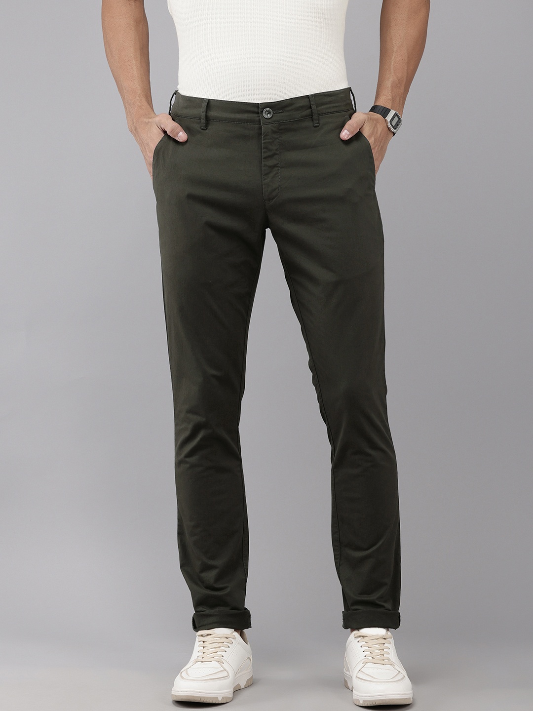 

ColorPlus Men Super Slim Fit Chinos Trousers, Olive