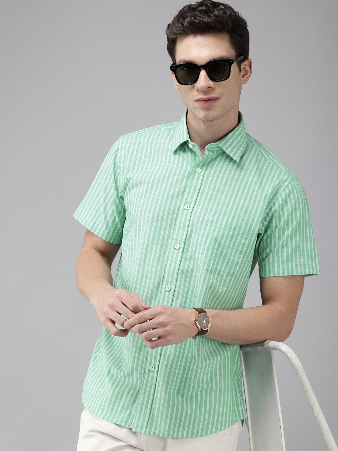 

ColorPlus Tailored Fit Self Striped Pure Cotton Casual Shirt, Green