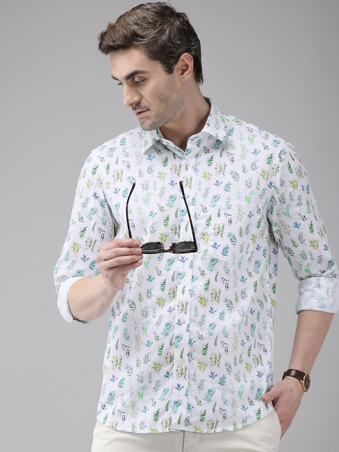 

ColorPlus Tailored Fit Tropical Printed Pure Cotton Casual Shirt, White