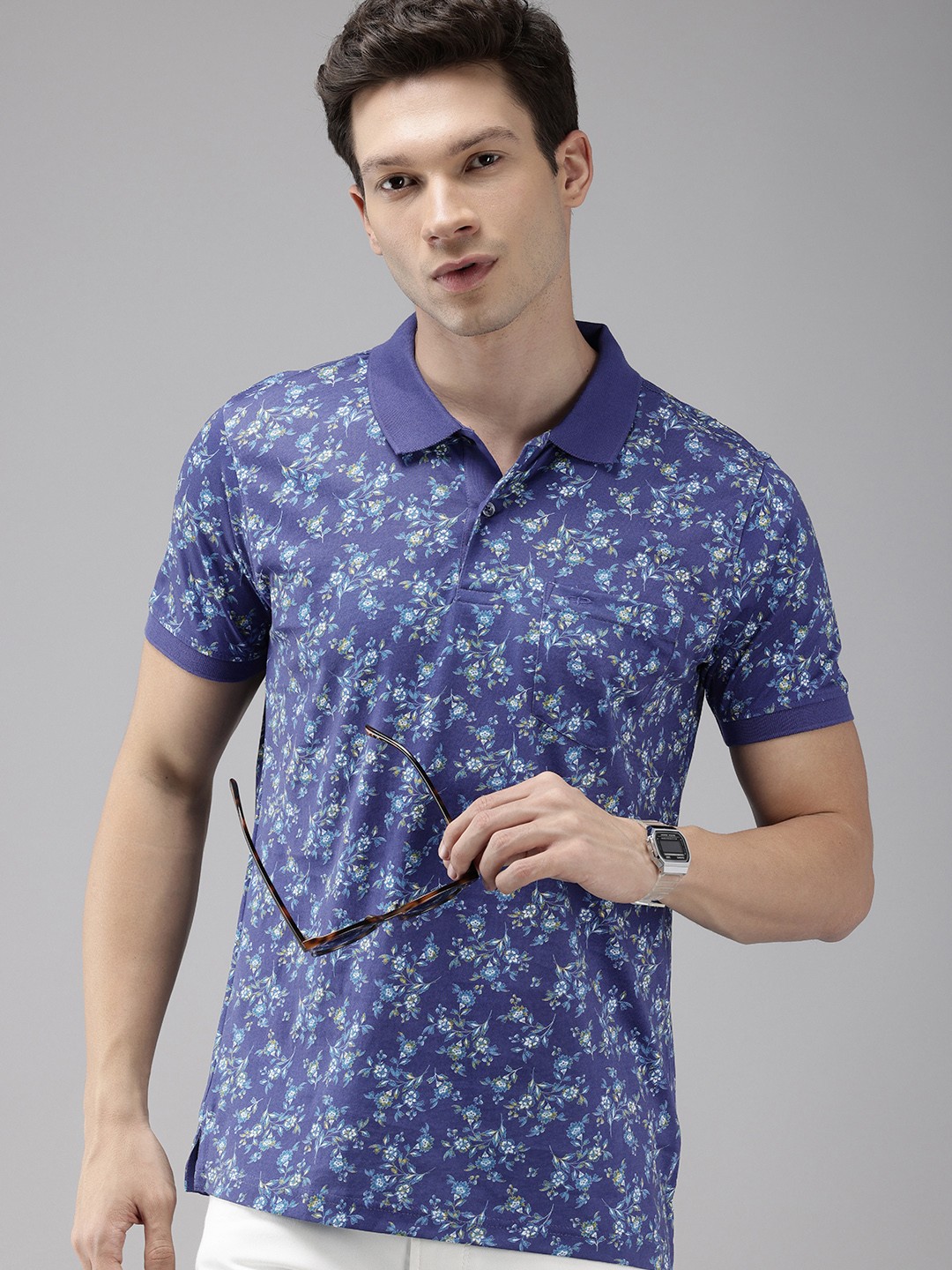 

ColorPlus Floral Printed Polo Collar Pure Cotton T-shirt, Blue