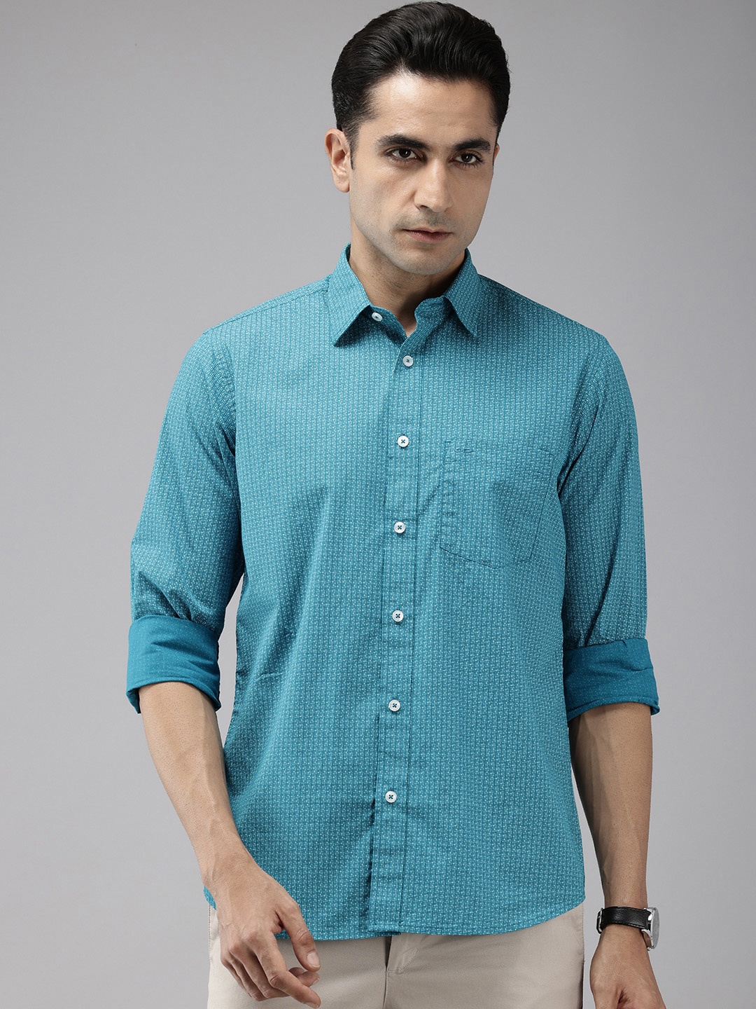 

ColorPlus Geometric Printed Pure Cotton Casual Shirt, Teal