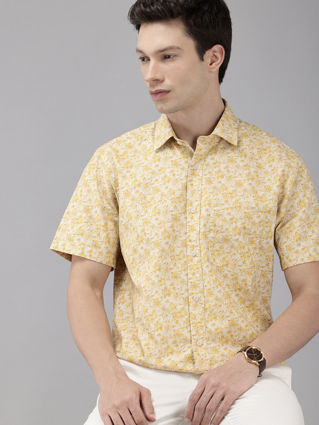 

ColorPlus Tailored Fit Floral Printed Pure Cotton Casual Shirt, Yellow
