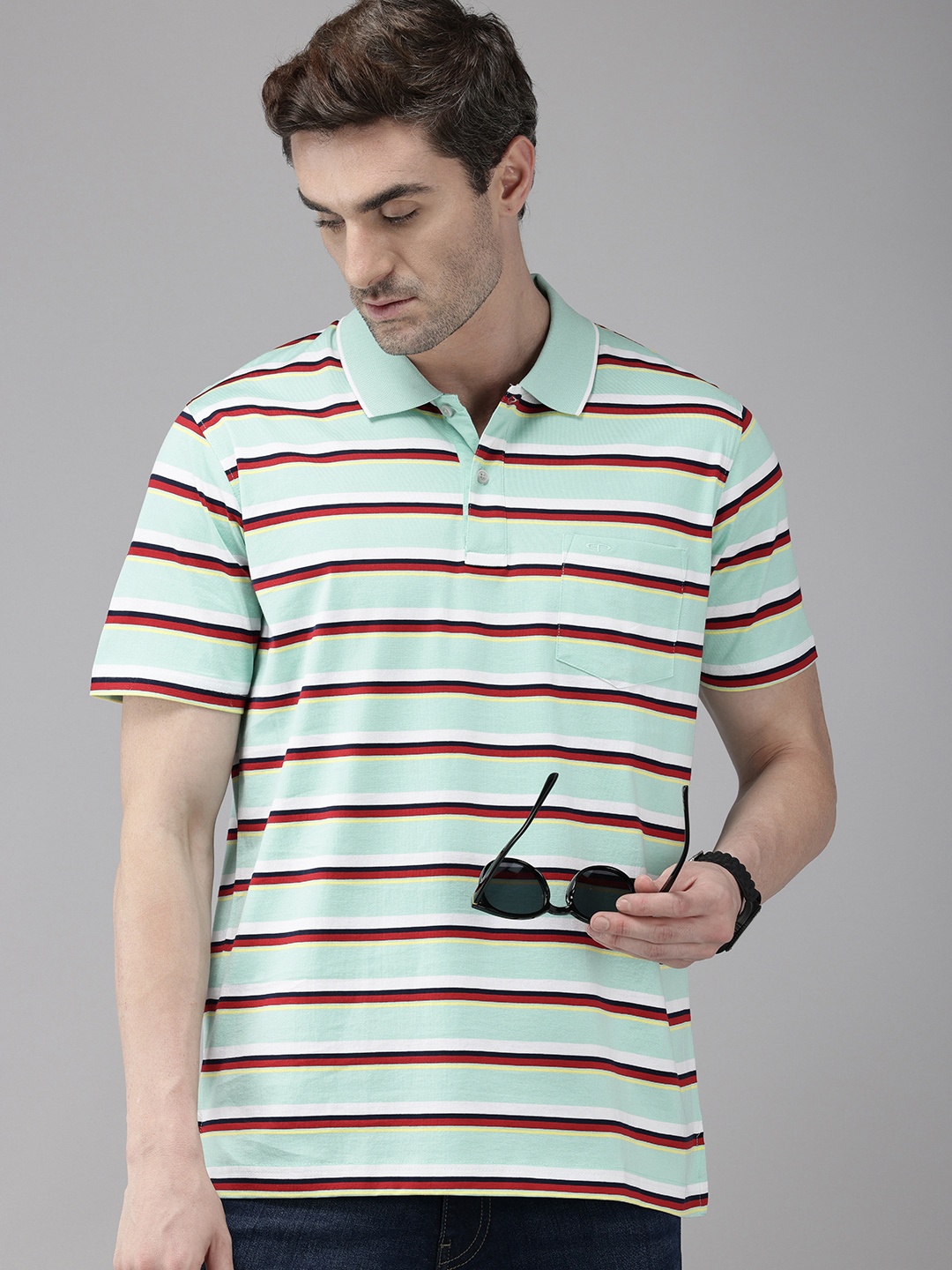 

ColorPlus Striped Polo Collar Pure Cotton T-shirt, Turquoise blue