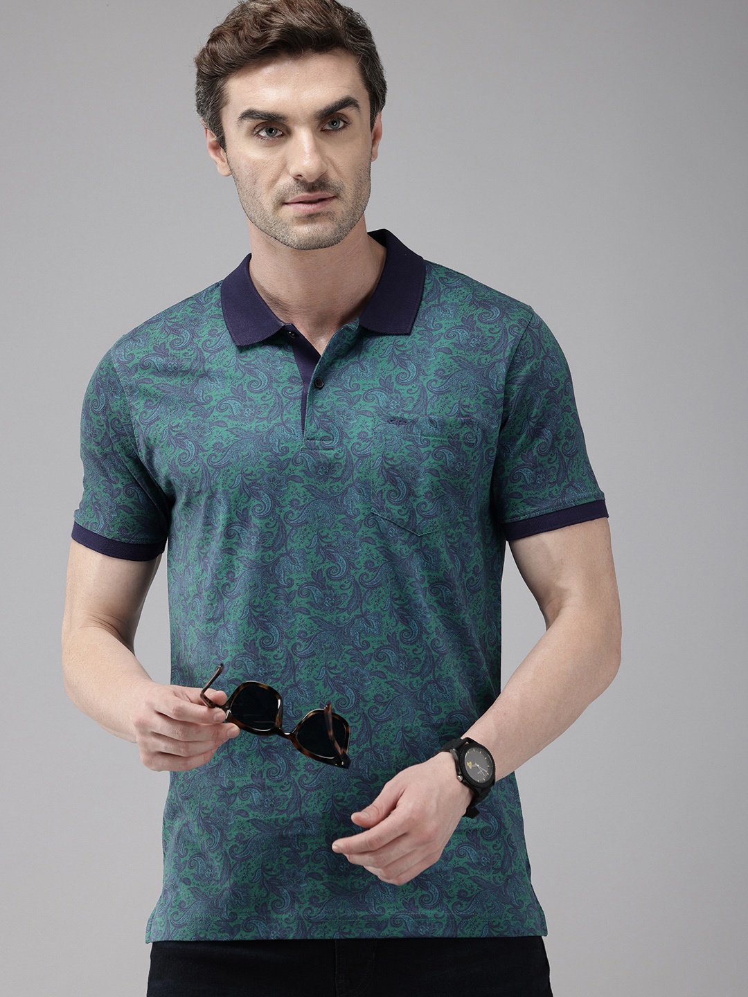 

ColorPlus Indi Floral Printed Polo Collar Pure Cotton T-shirt, Navy blue