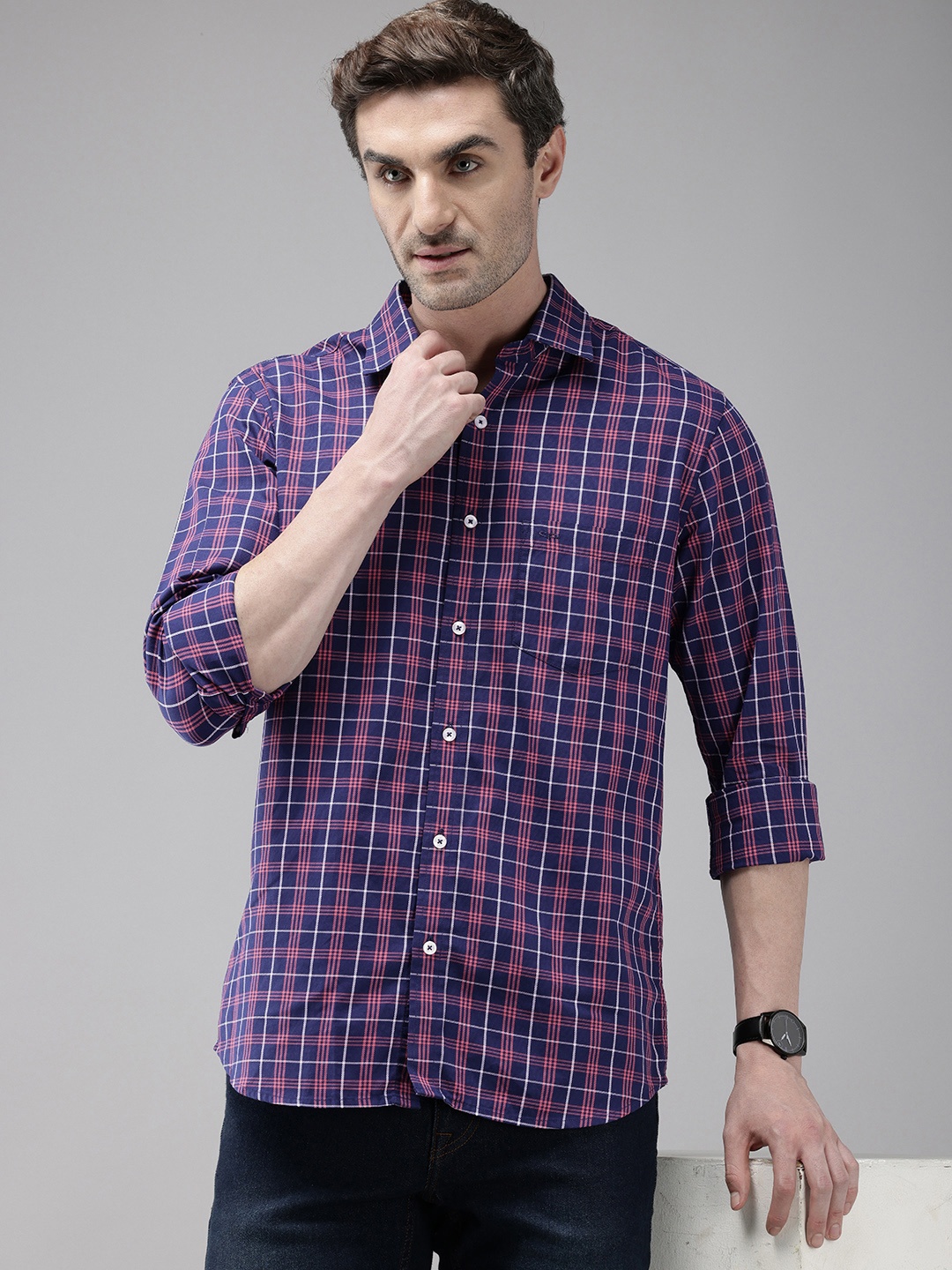 

ColorPlus Tailored Fit Checked Pure Cotton Casual Shirt, Blue
