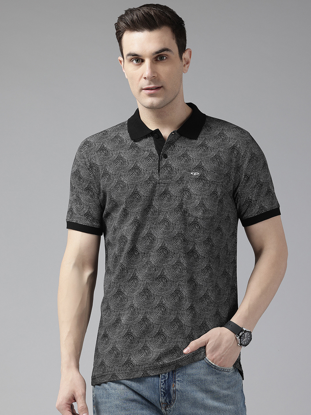 

ColorPlus Printed Tailored Fit Pure Cotton Polo T-shirt, Black