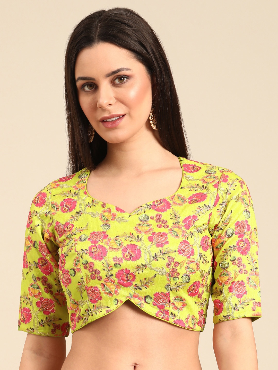 

Ethnovog Floral Embroidered Sweetheart Neck Thread Work Saree Blouse, Green