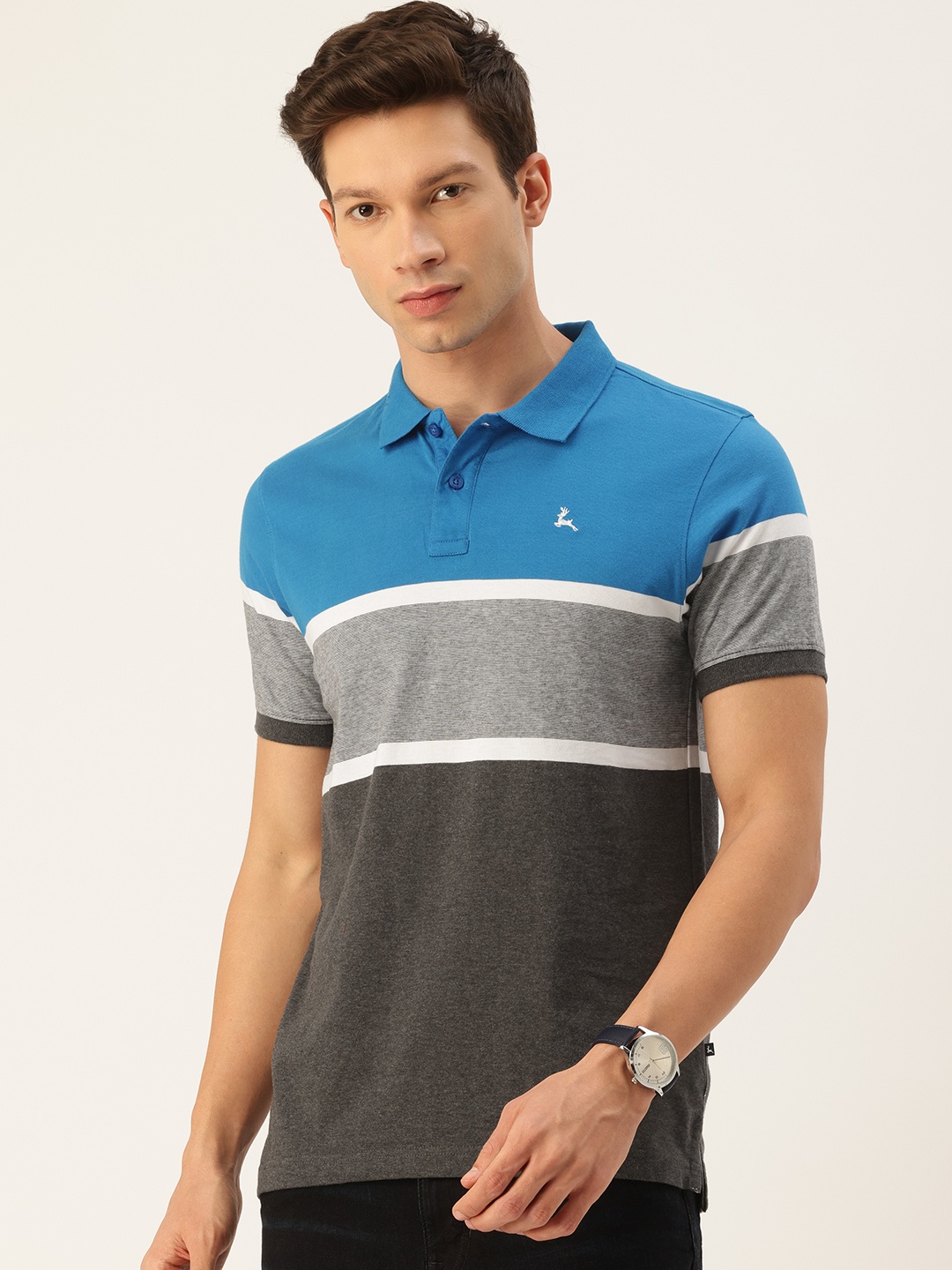 

Parx Pure Cotton Colourblocked Polo Collar T-shirt, Blue