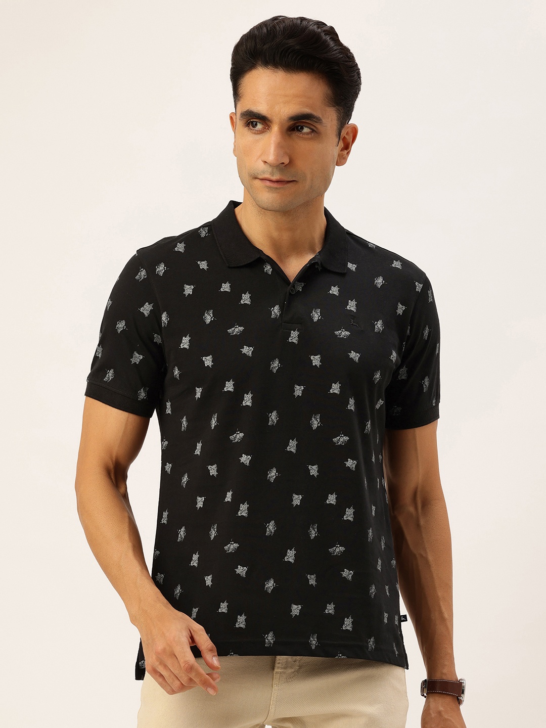 

Parx Pure Cotton Floral Printed Polo Collar T-shirt, Black