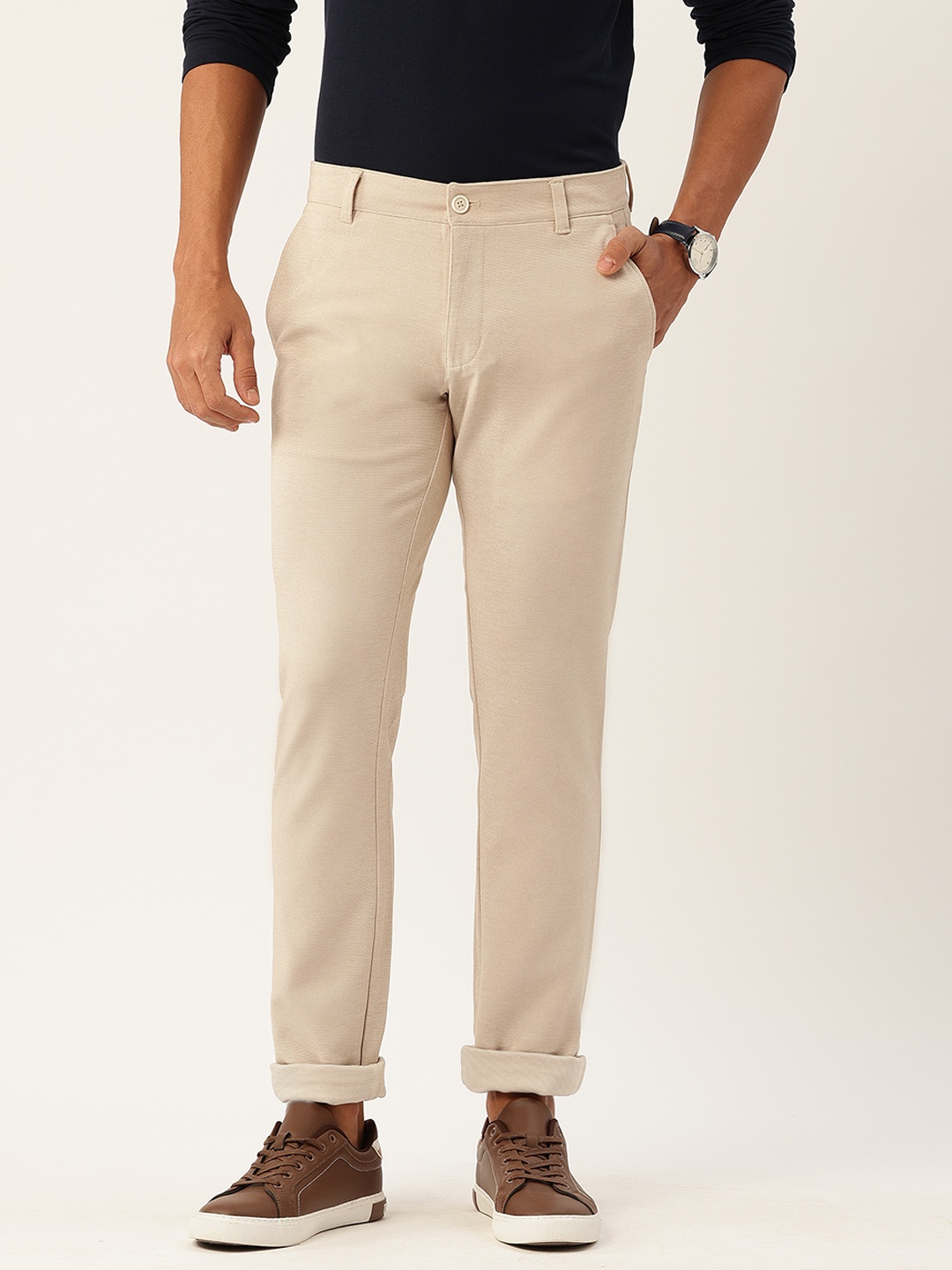 

Parx Men Textured Tapered Fit Low-Rise Trousers, Beige
