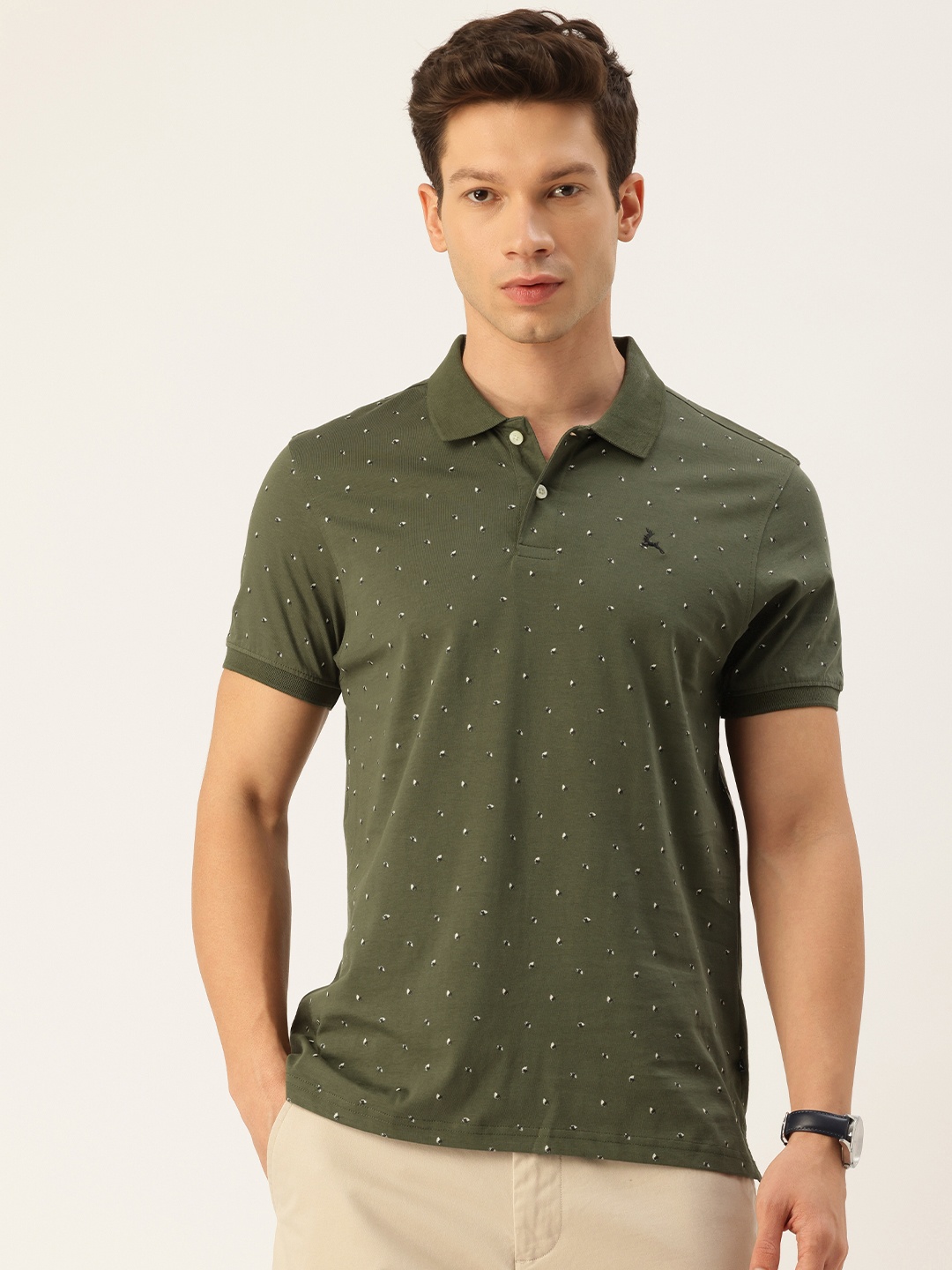 

Parx Floral Printed Polo Collar Pure Cotton T-shirt, Olive