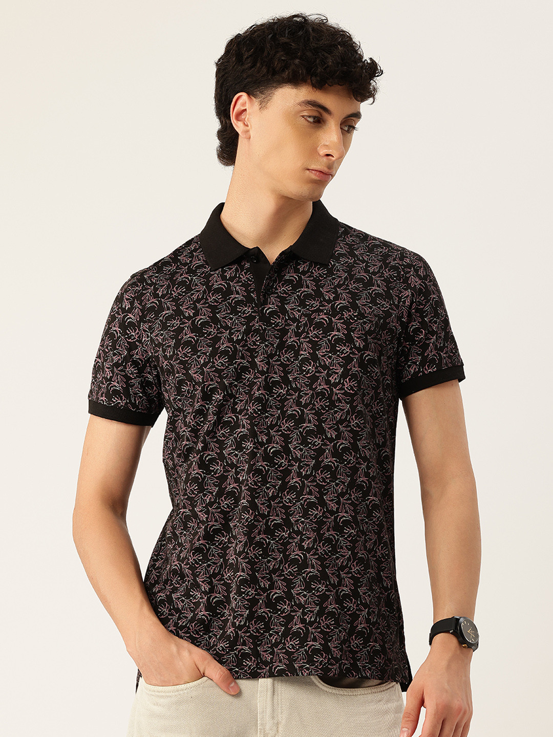 

Parx Floral Printed Polo Collar T-shirt, Black