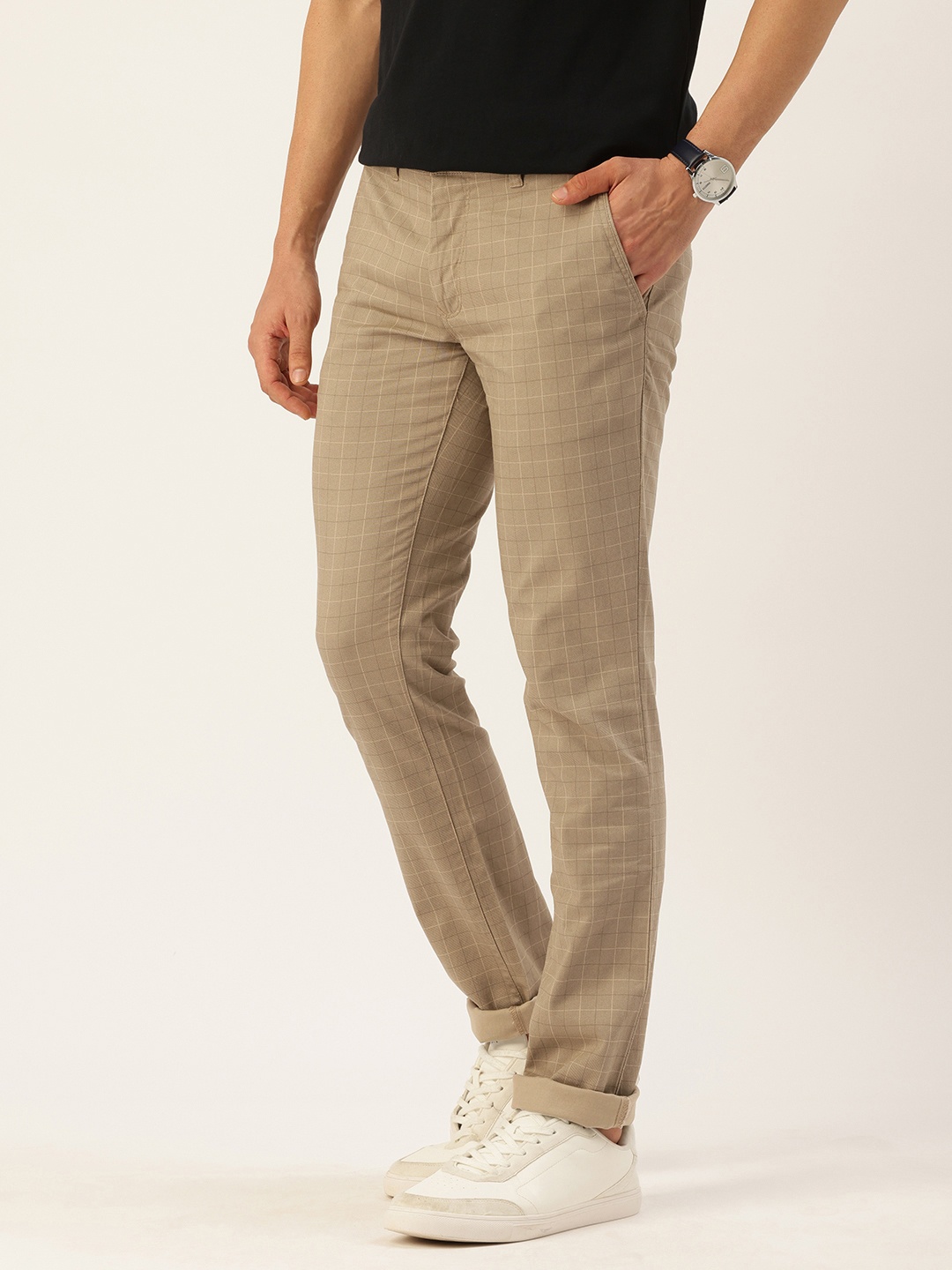 

Parx Men Checked Slim Fit Low-Rise Chinos Trousers, Khaki