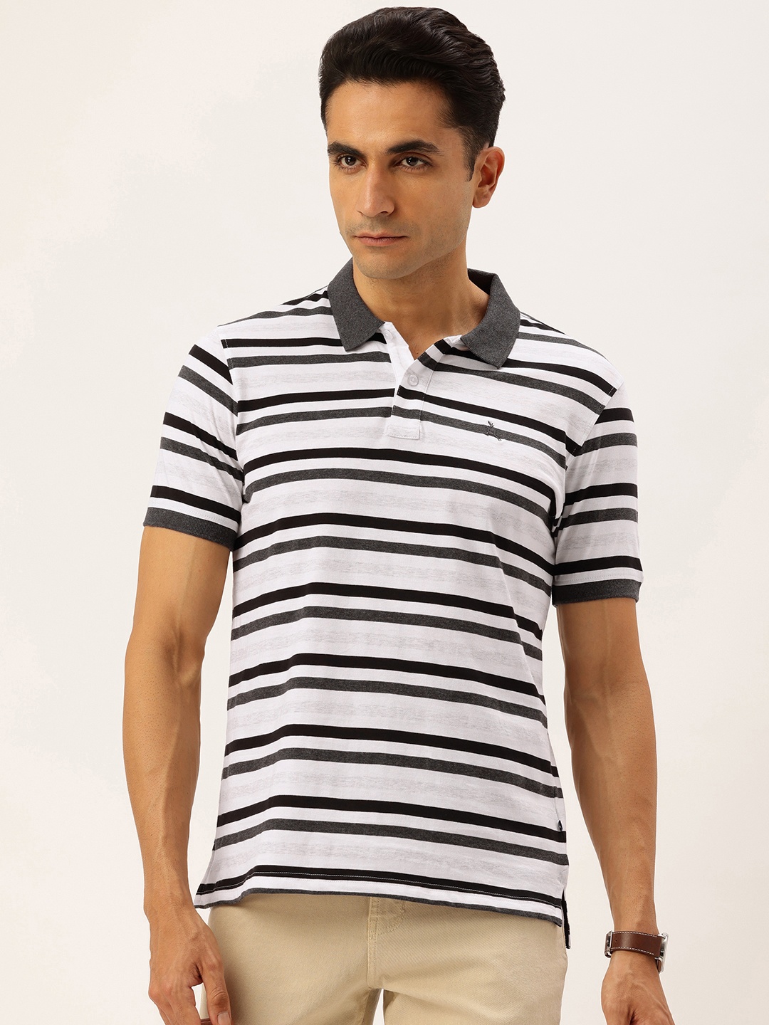 

Parx Pure Cotton Striped Polo Collar T-shirt, Grey