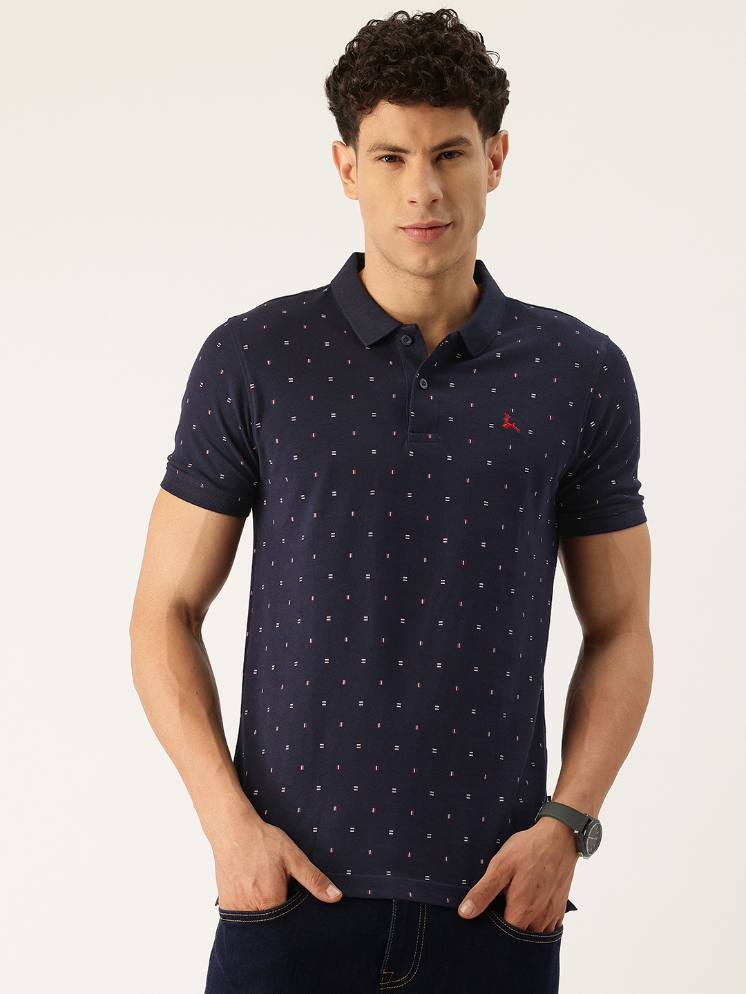 

Parx Pure Cotton Printed Polo Collar T-shirt, Navy blue