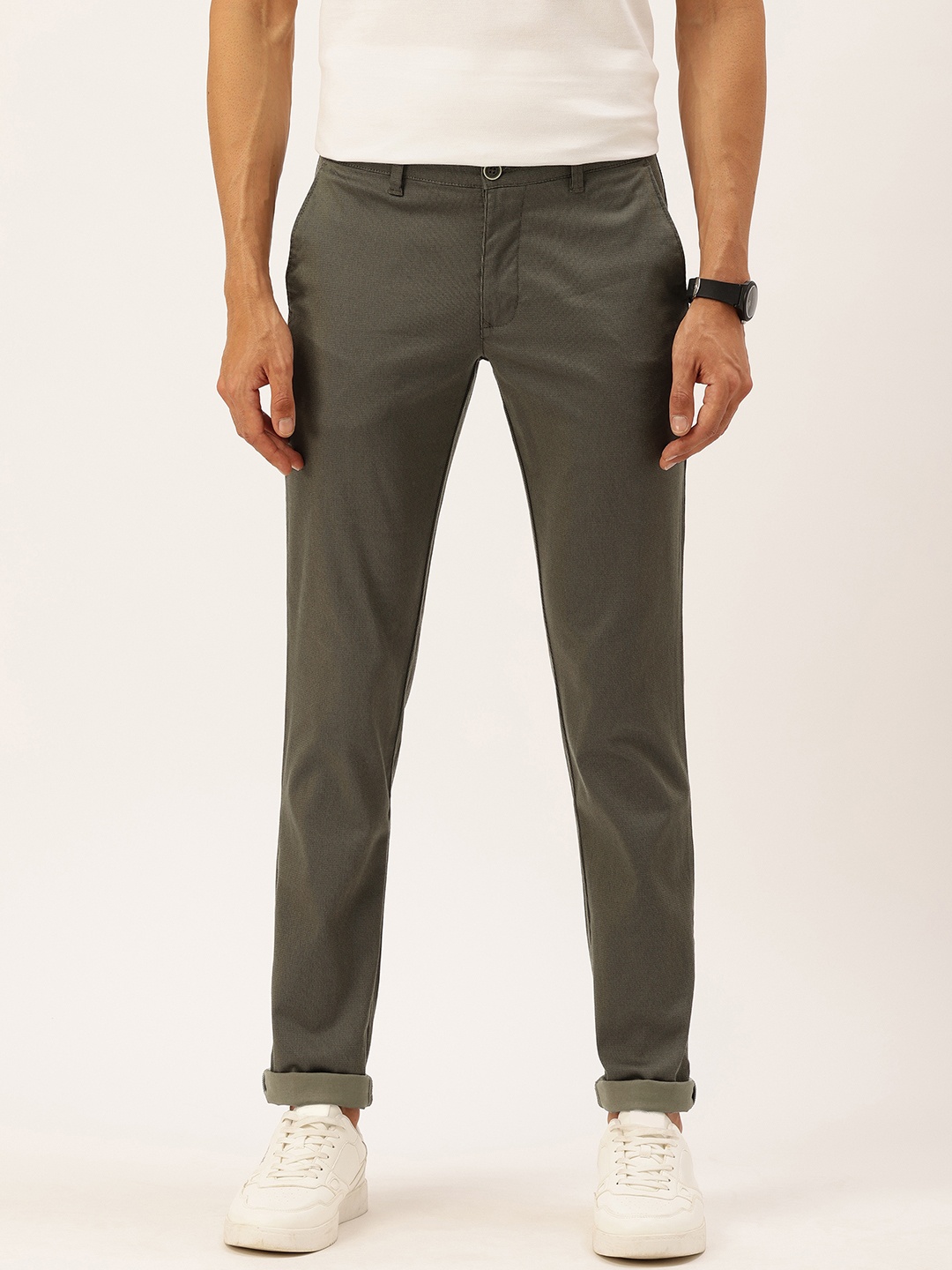 

Parx Men Textured Tapered Fit Low-Rise Chinos Trousers, Olive