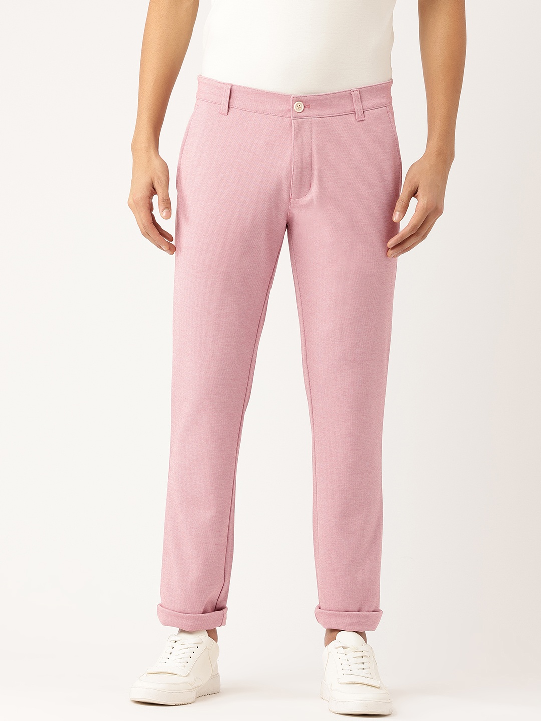 

Parx Men Textured Tapered Fit Low-Rise Chinos, Pink