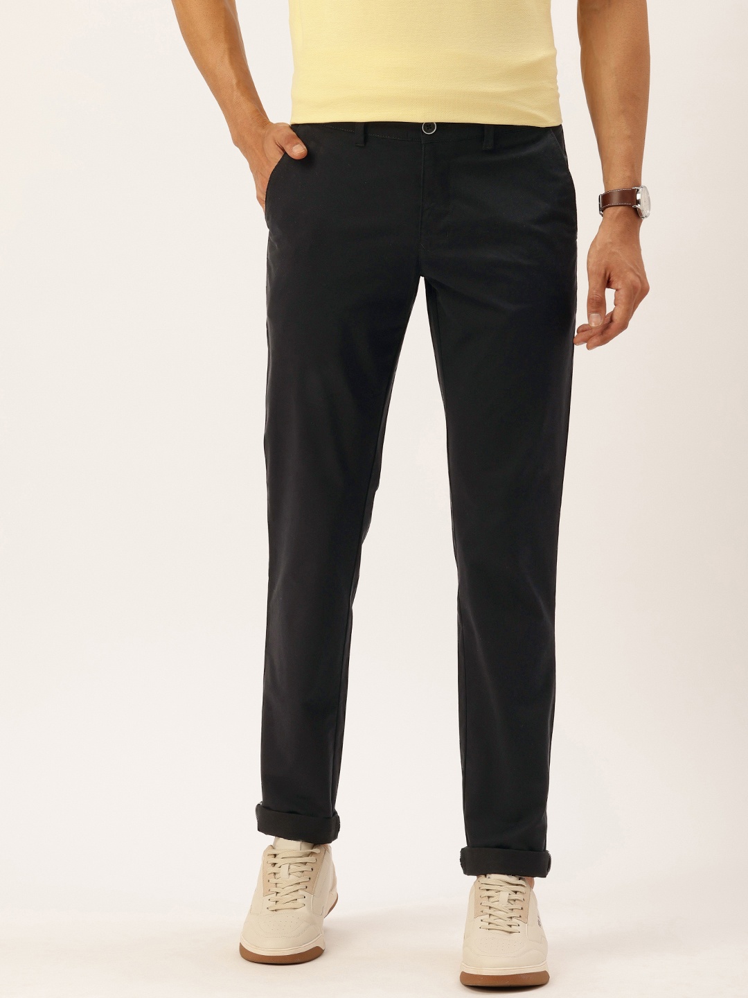 

Parx Men Tapered Fit Low-Rise Chinos Trousers, Black