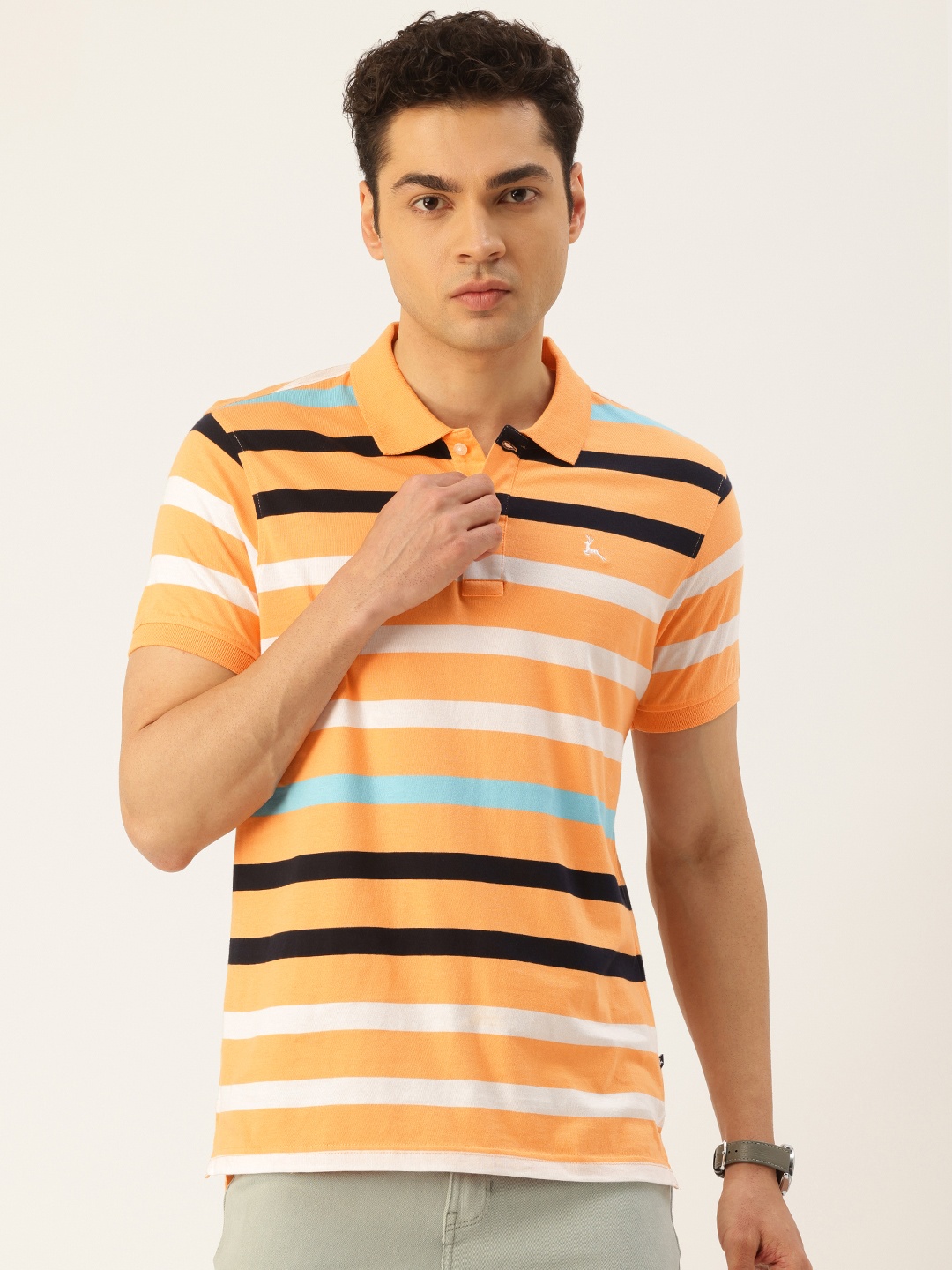 

Parx Striped Polo Collar Pure Cotton T-shirt, Orange