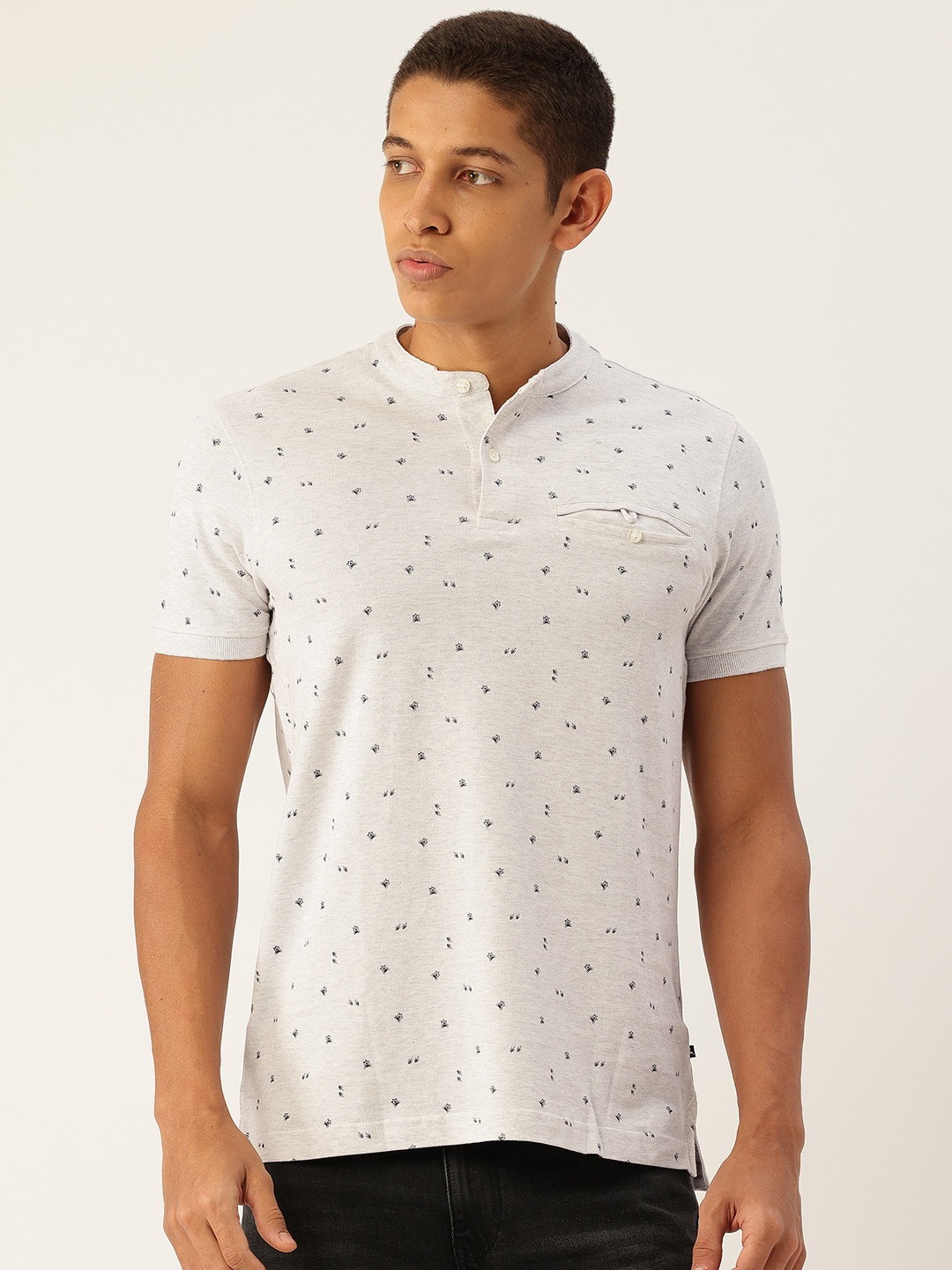 

Parx Pure Cotton Floral Printed Henley Neck T-shirt, Grey