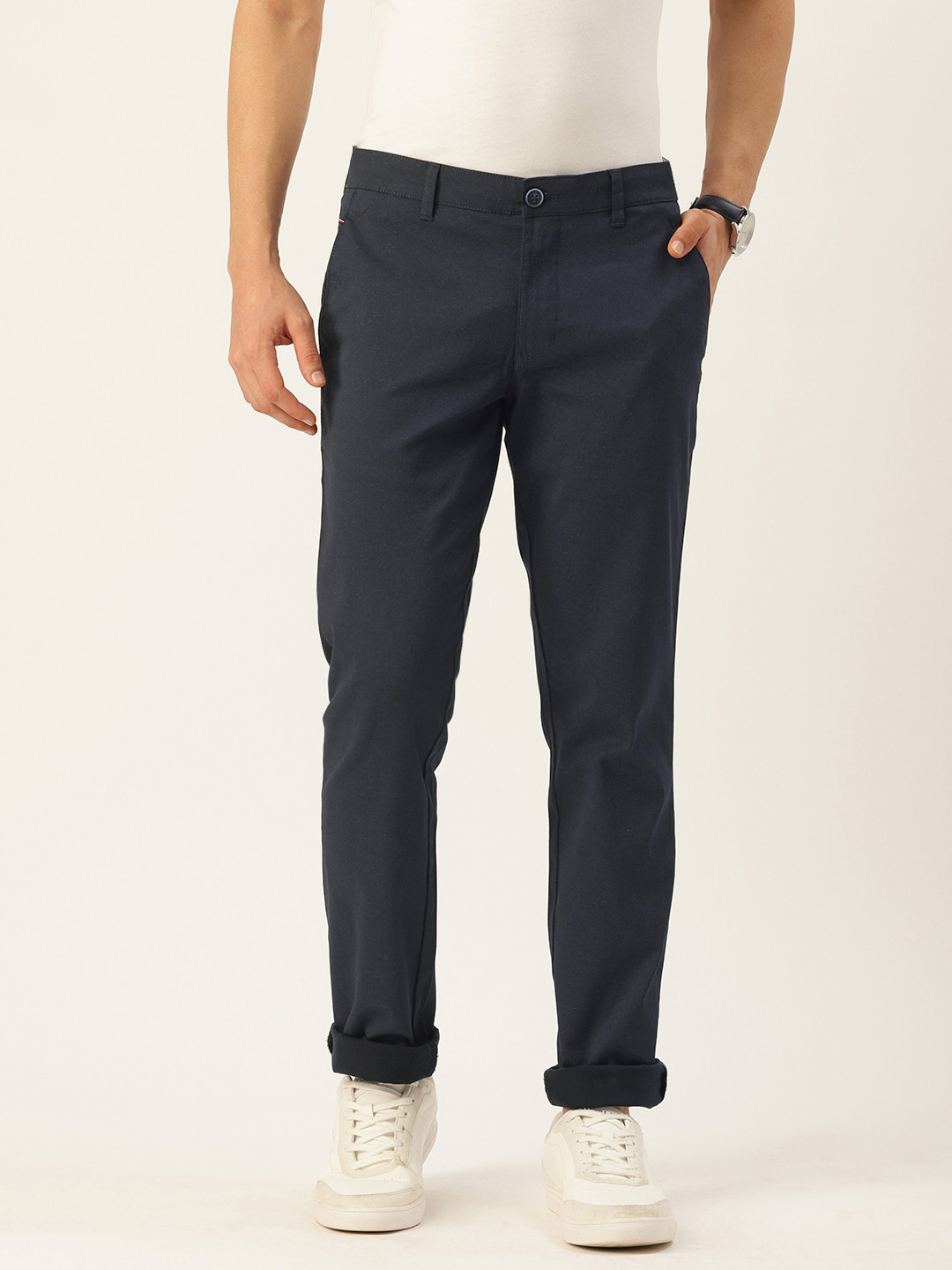 

Parx Men Striped Tapered Fit Chinos Trousers, Navy blue