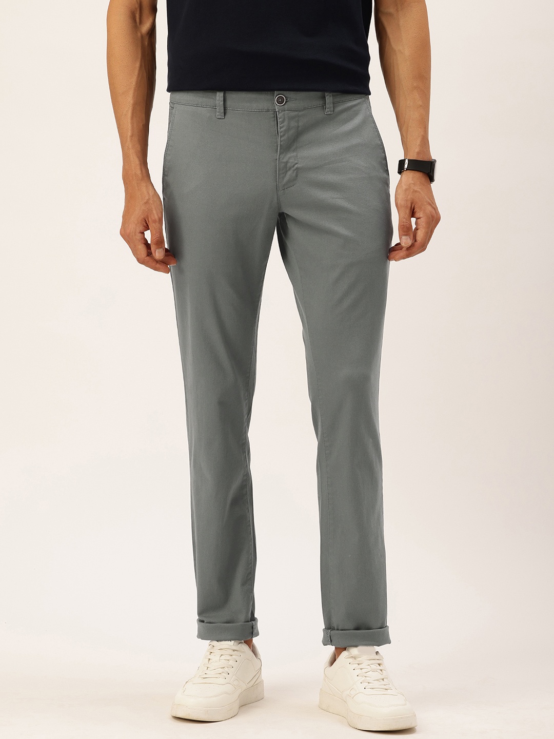 

Parx Men Self Design Textured Tapered Fit Low Rise Chinos Trousers, Grey