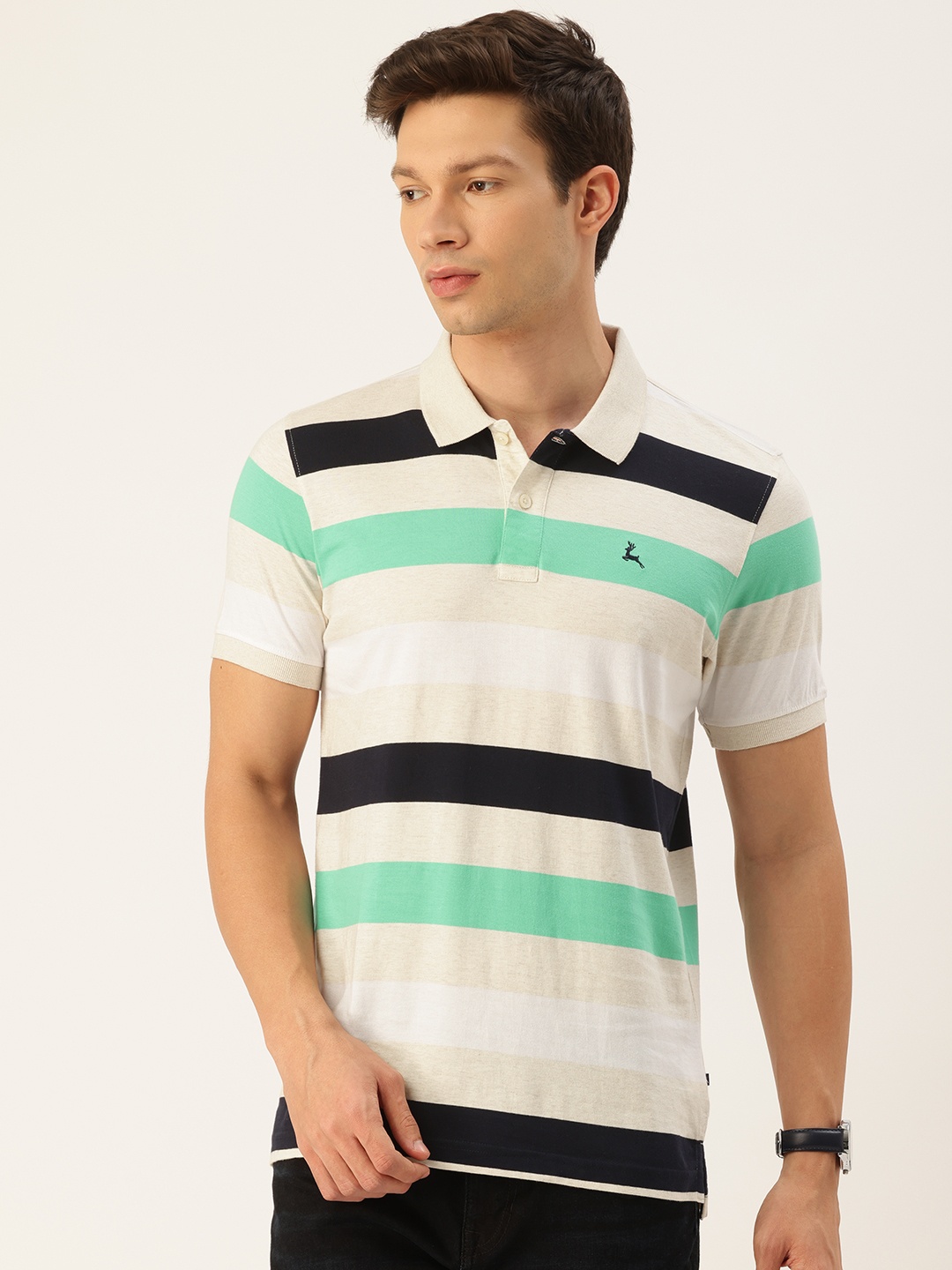 

Parx Pure Cotton Striped Polo Collar T-shirt, Beige