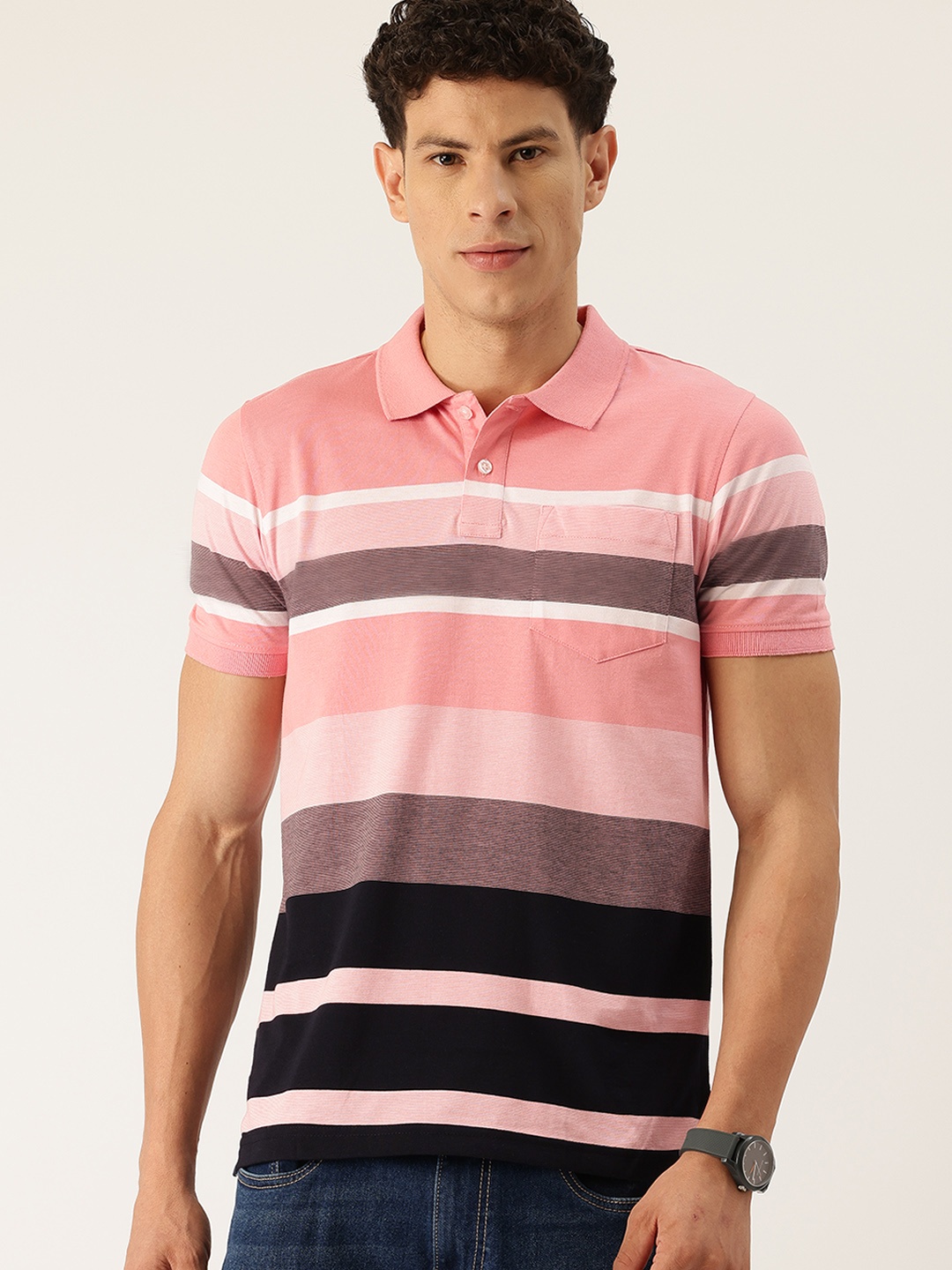 

Parx Striped Polo Collar T-shirt, Pink