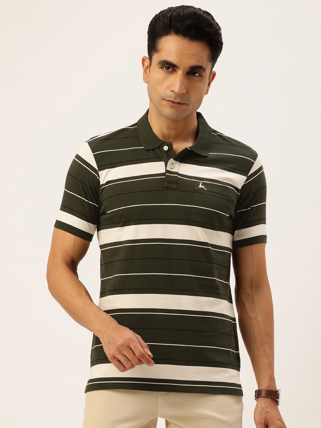 

Parx Pure Cotton Striped Polo Collar T-shirt, Olive