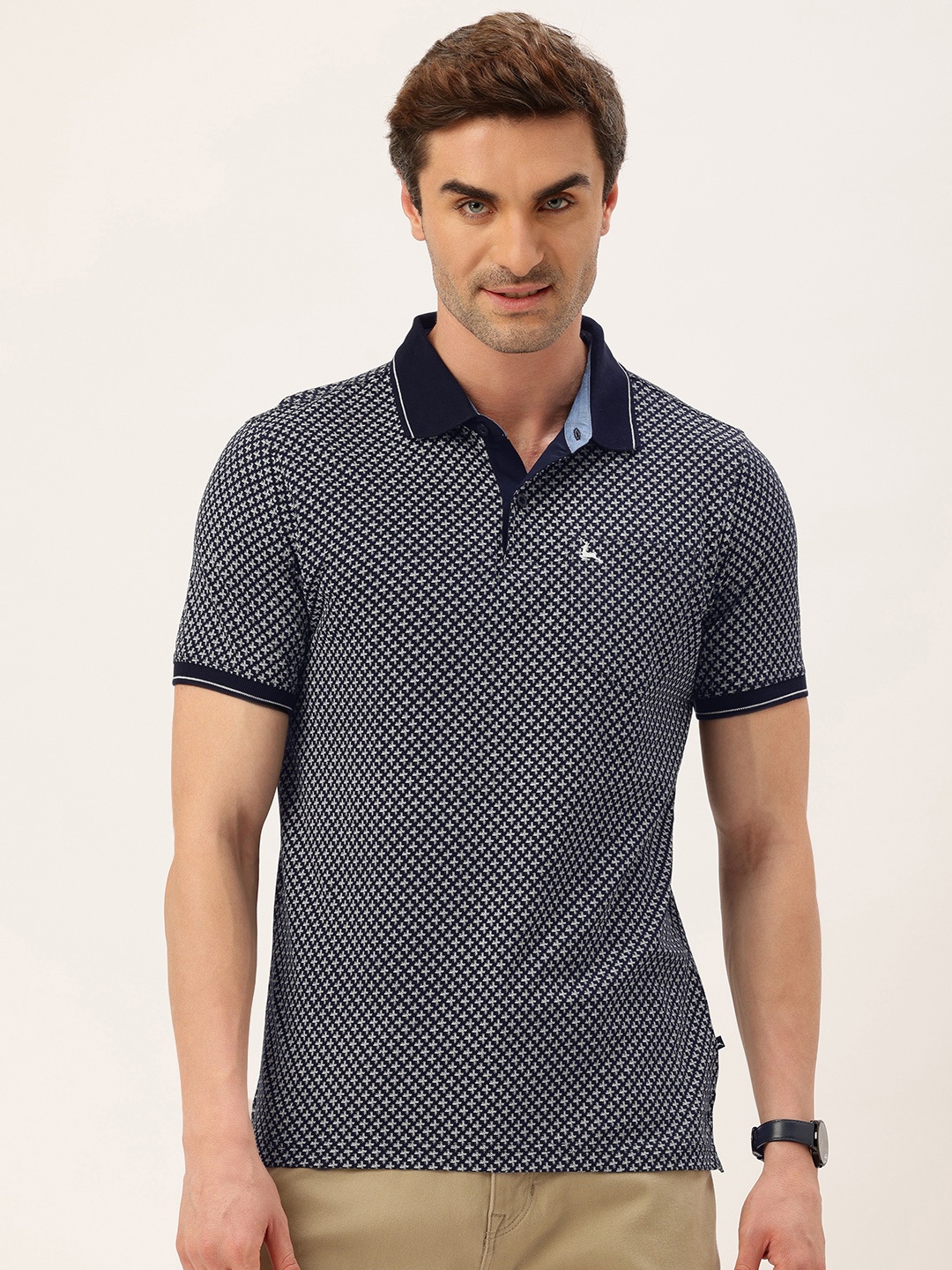 

Parx Pure Cotton Geometric Printed Polo Collar T-shirt, Navy blue