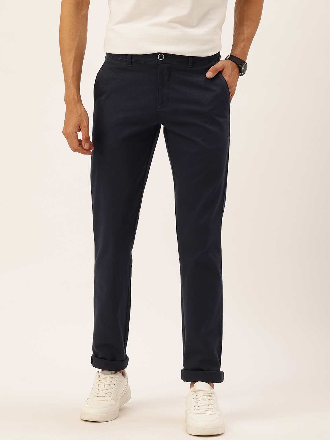 

Parx Men Textured Tapered Fit Low-Rise Chinos Trousers, Navy blue