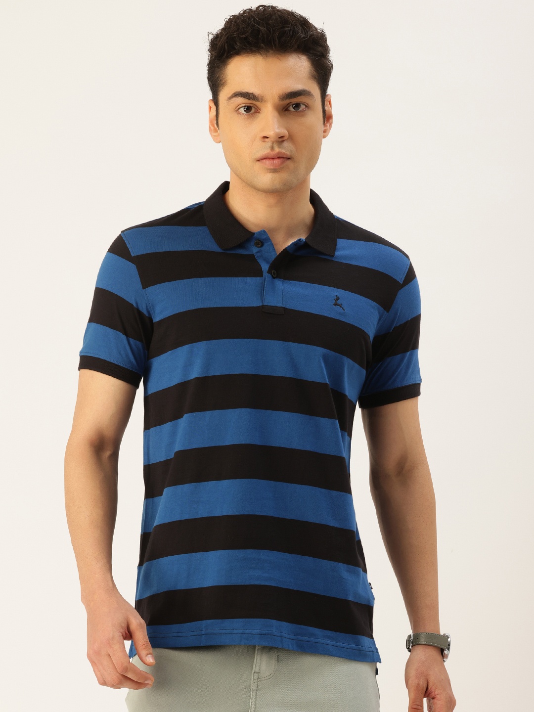 

Parx Striped Polo Collar Pure Cotton T-shirt, Blue