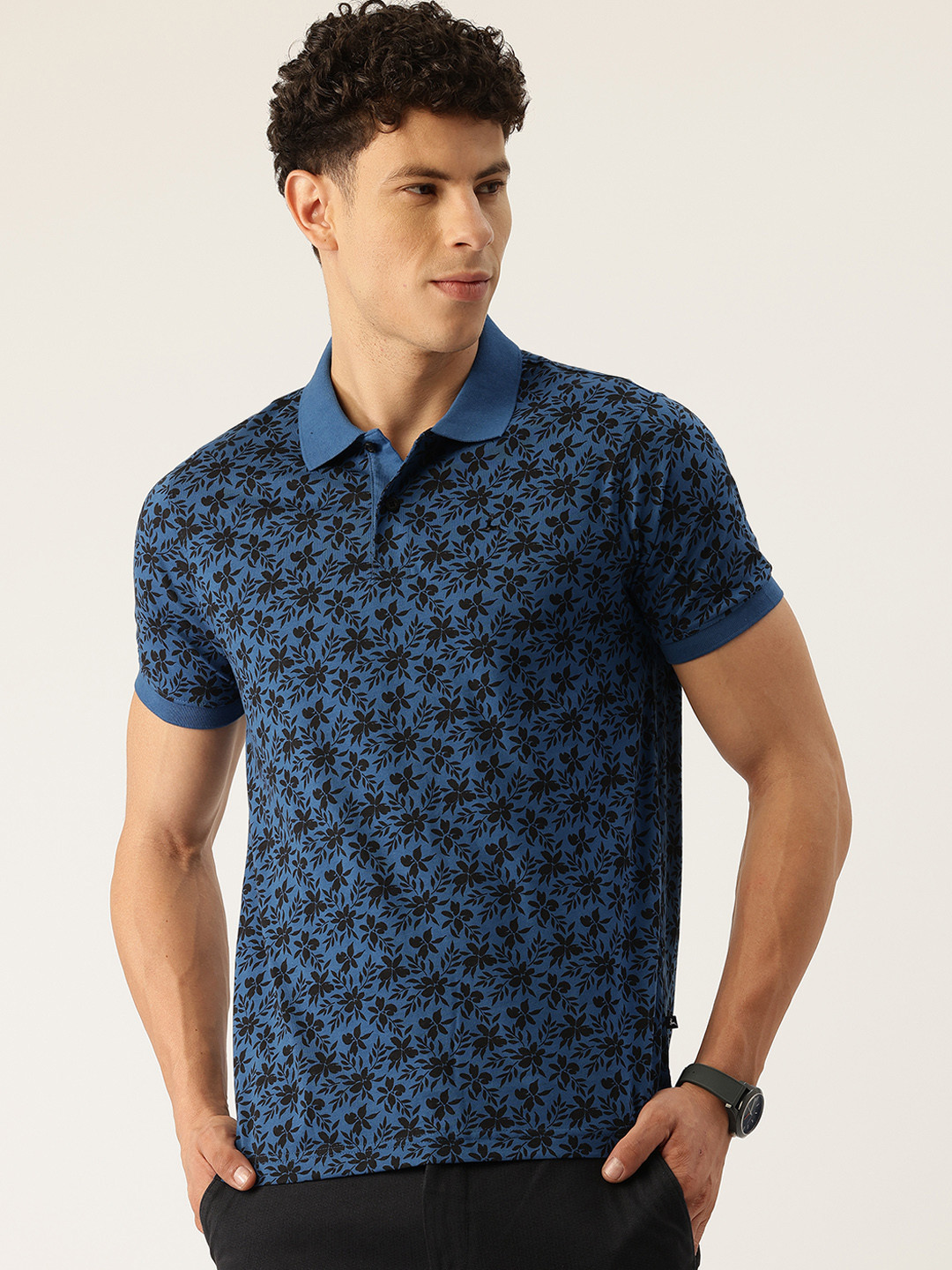 

Parx Pure Cotton Floral Printed Polo Collar T-shirt, Blue