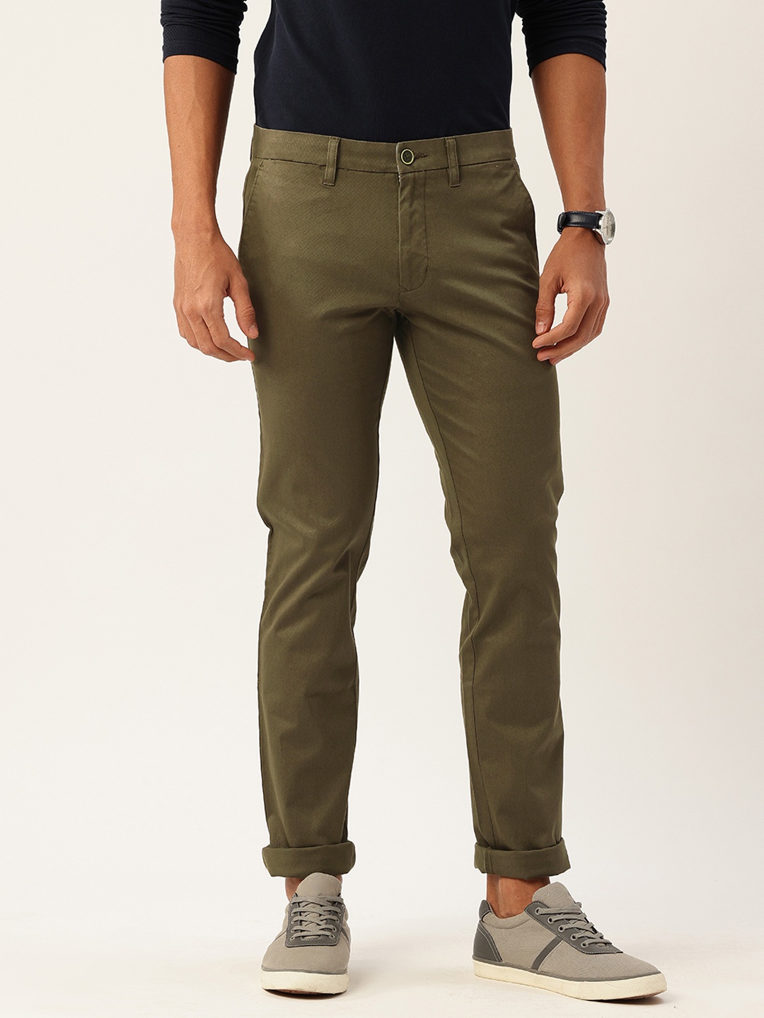 

Parx Men Tapered Fit Low-Rise Trousers, Olive