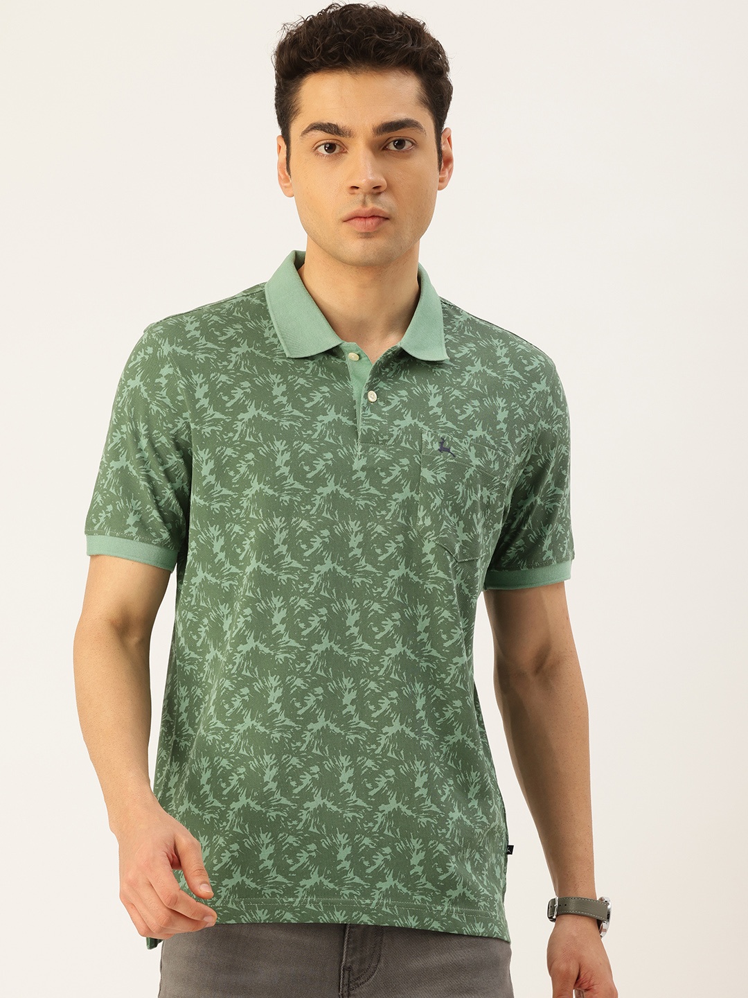 

Parx Pure Cotton Abstract Printed Polo Collar Pocket T-shirt, Green