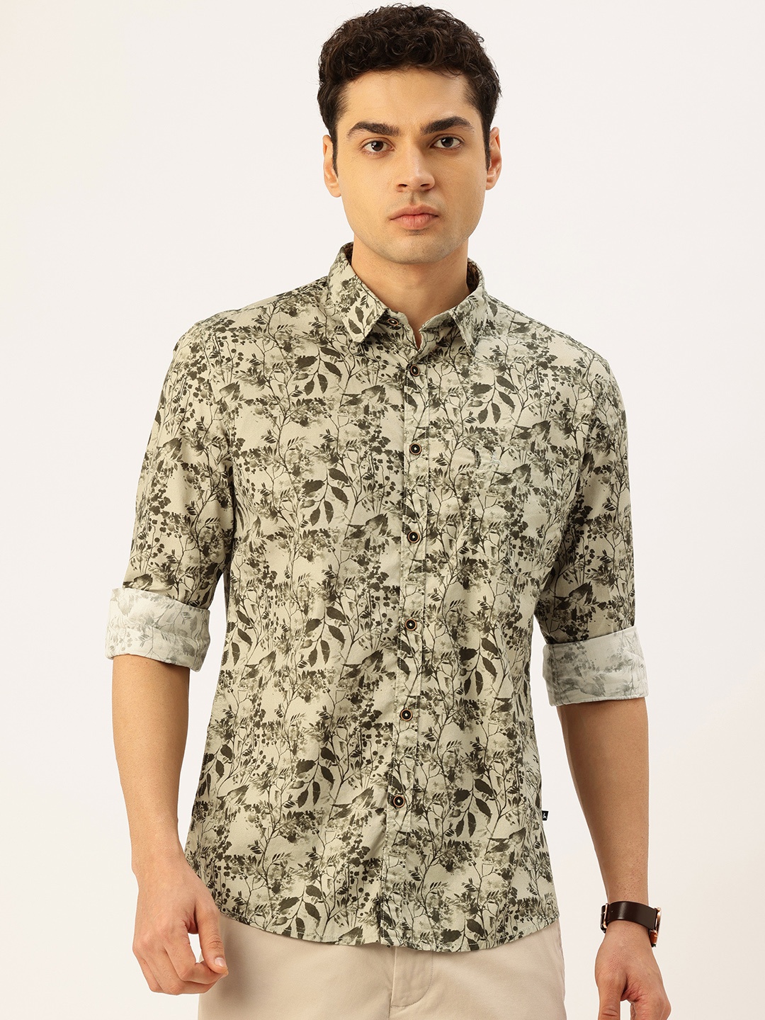 

Parx Slim Fit Tropical Printed Pure Cotton Casual Shirt, Green