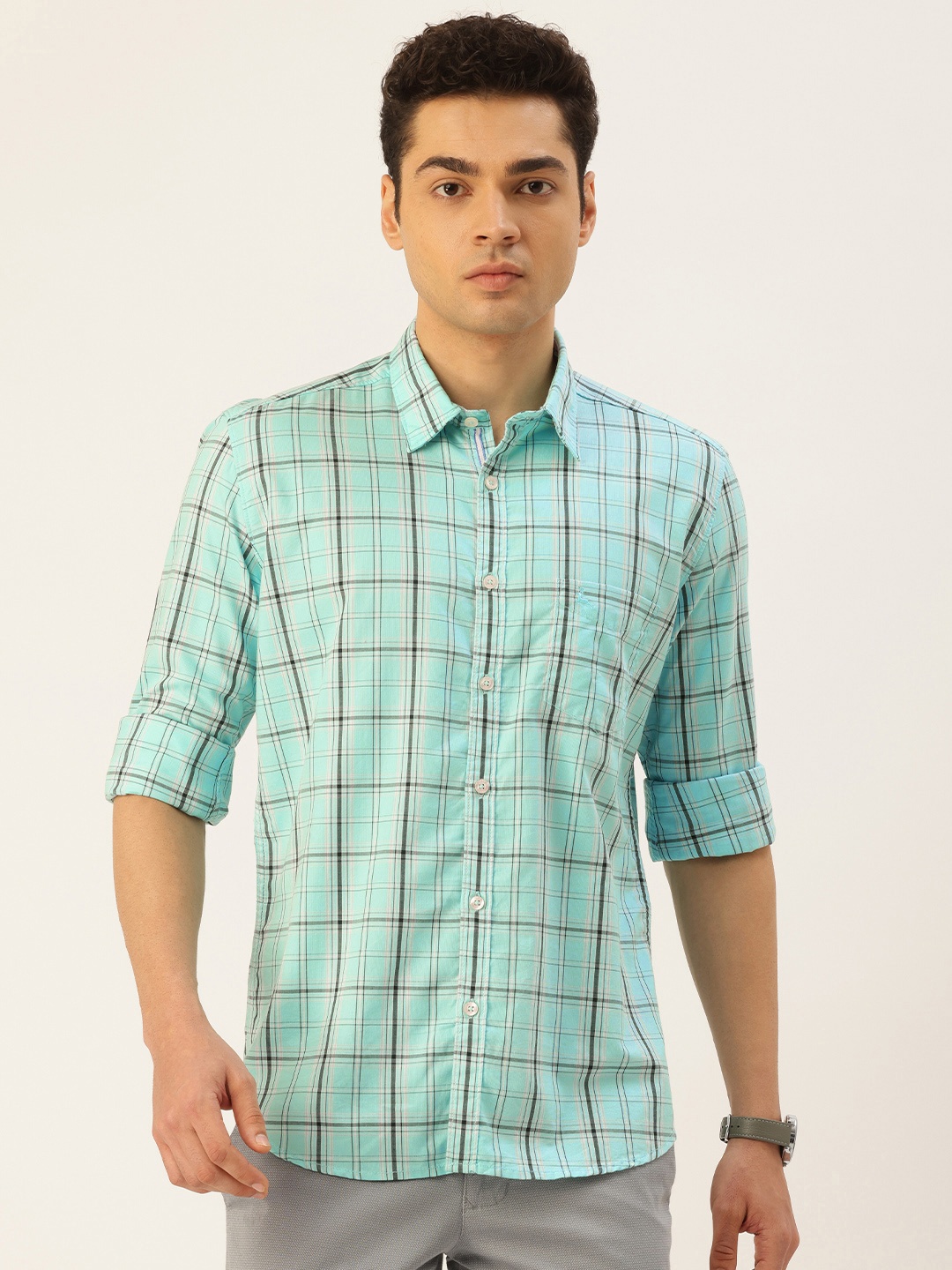 

Parx Slim Fit Tartan Checked Pure Cotton Casual Shirt, Green