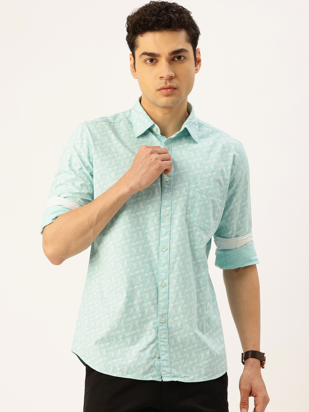 

Parx Slim Fit Geometric Printed Pure Cotton Casual Shirt, Blue
