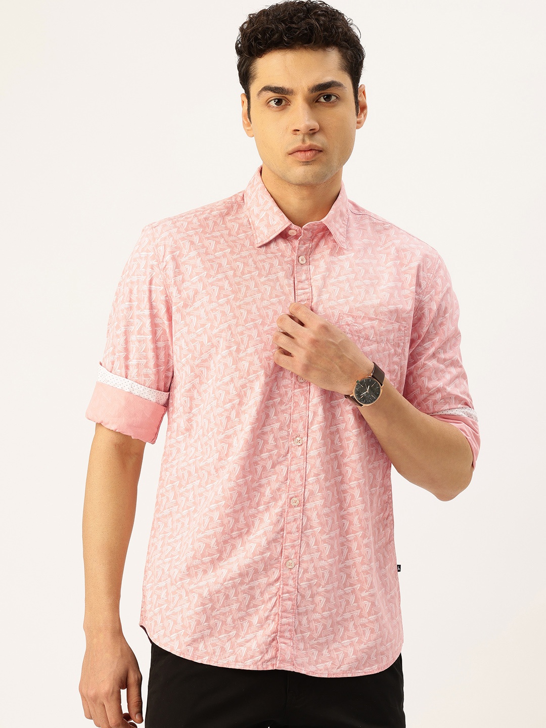 

Parx Slim Fit Geometric Printed Pure Cotton Casual Shirt, Pink