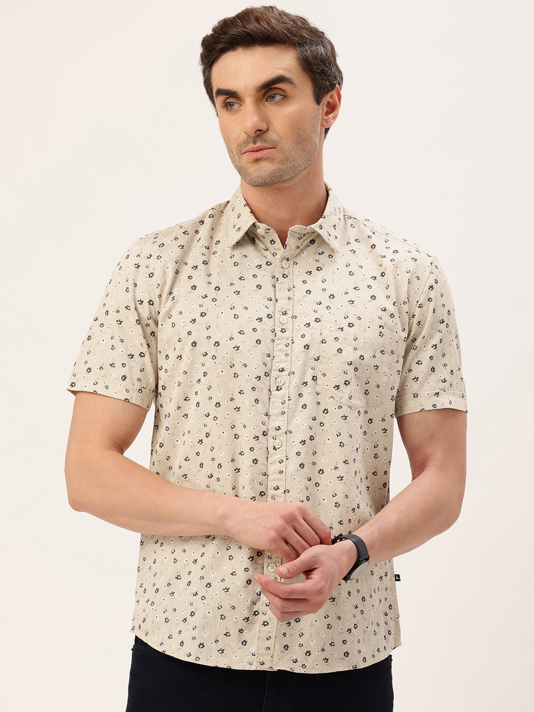 

Parx Pure Cotton Slim Fit Floral Printed Opaque Casual Shirt, Beige