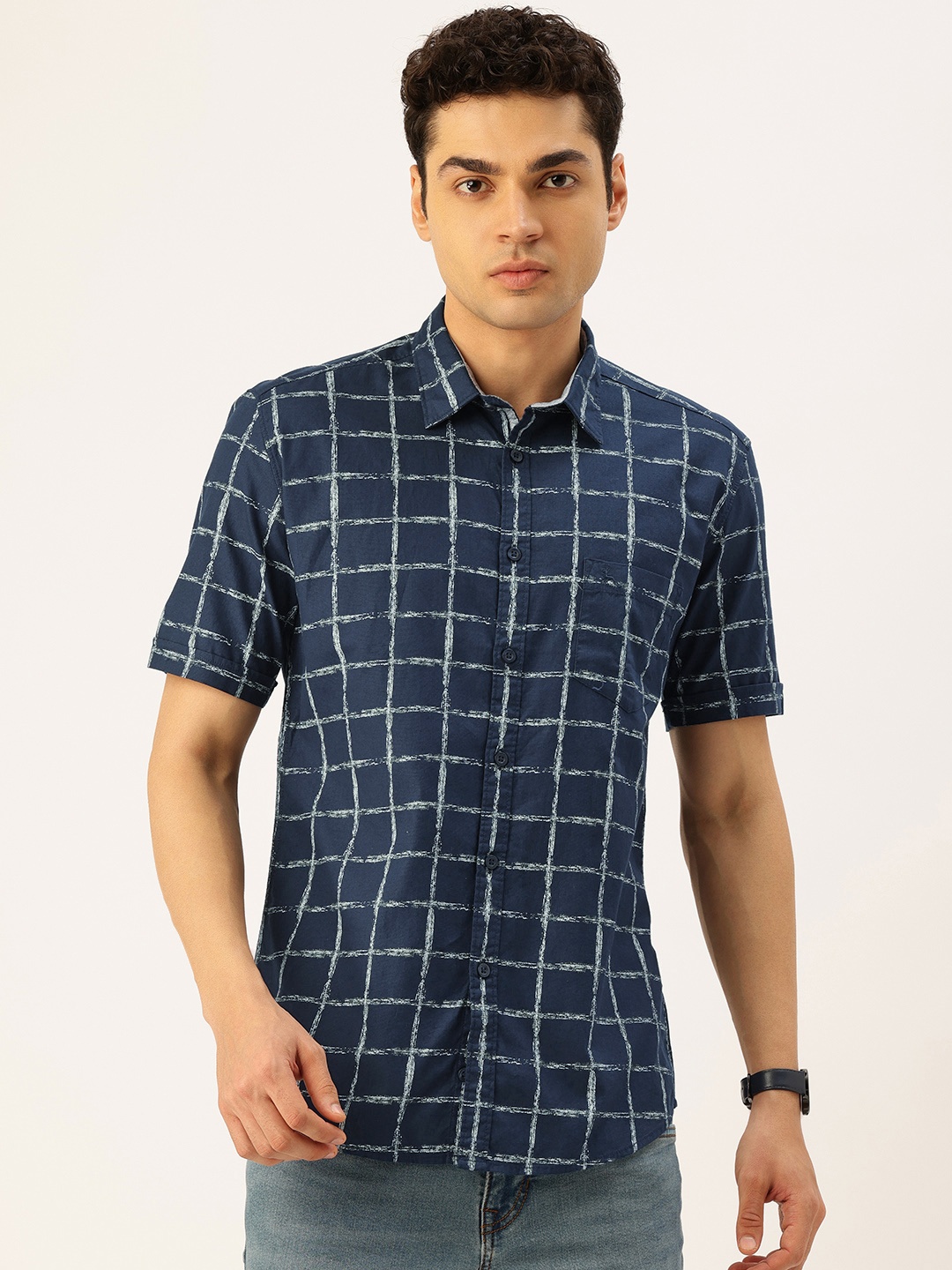 

Parx Pure Cotton Slim Fit Opaque Checked Casual Shirt, Blue