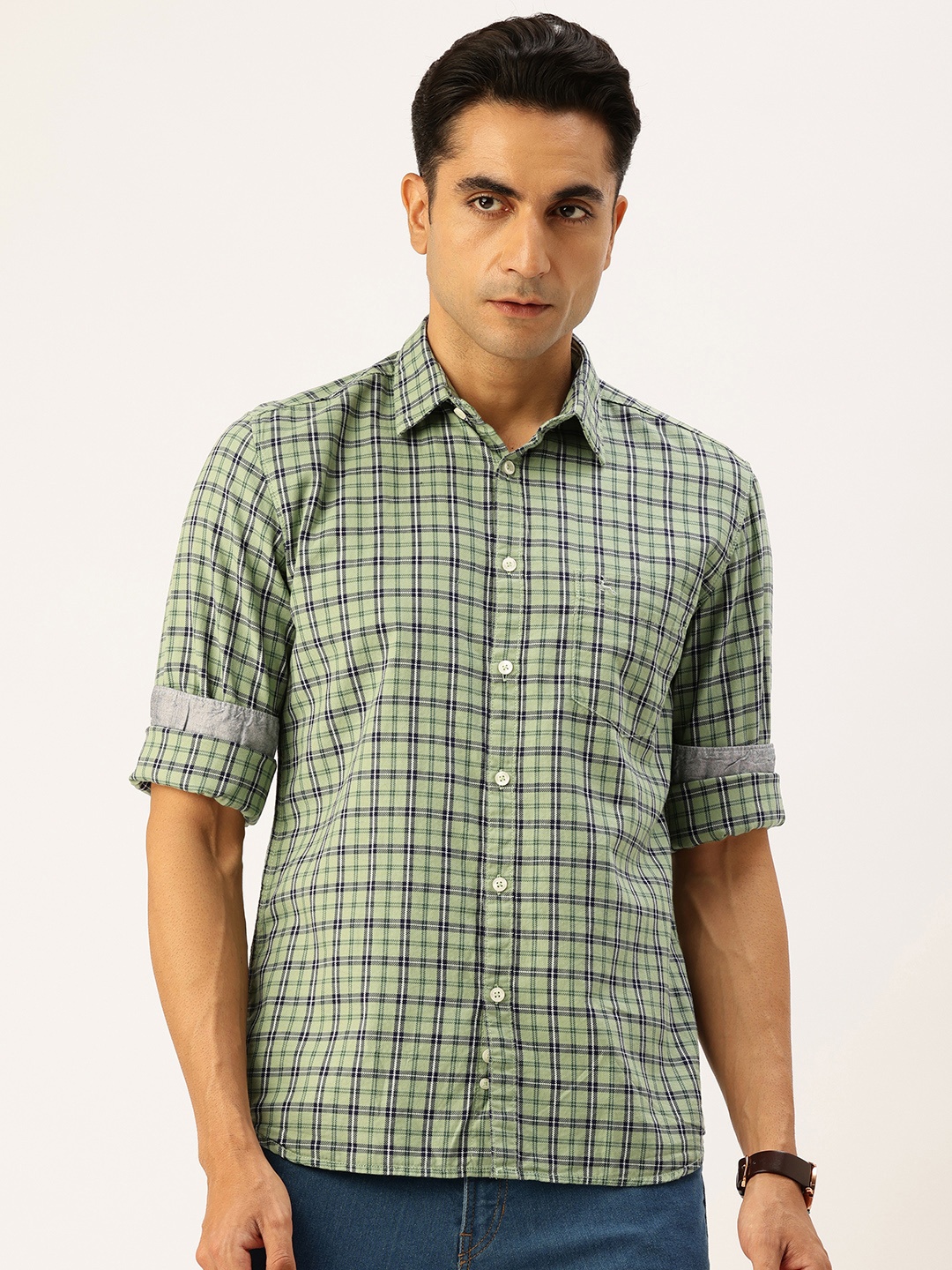 

Parx Pure Cotton Slim Fit Opaque Checked Casual Shirt, Green