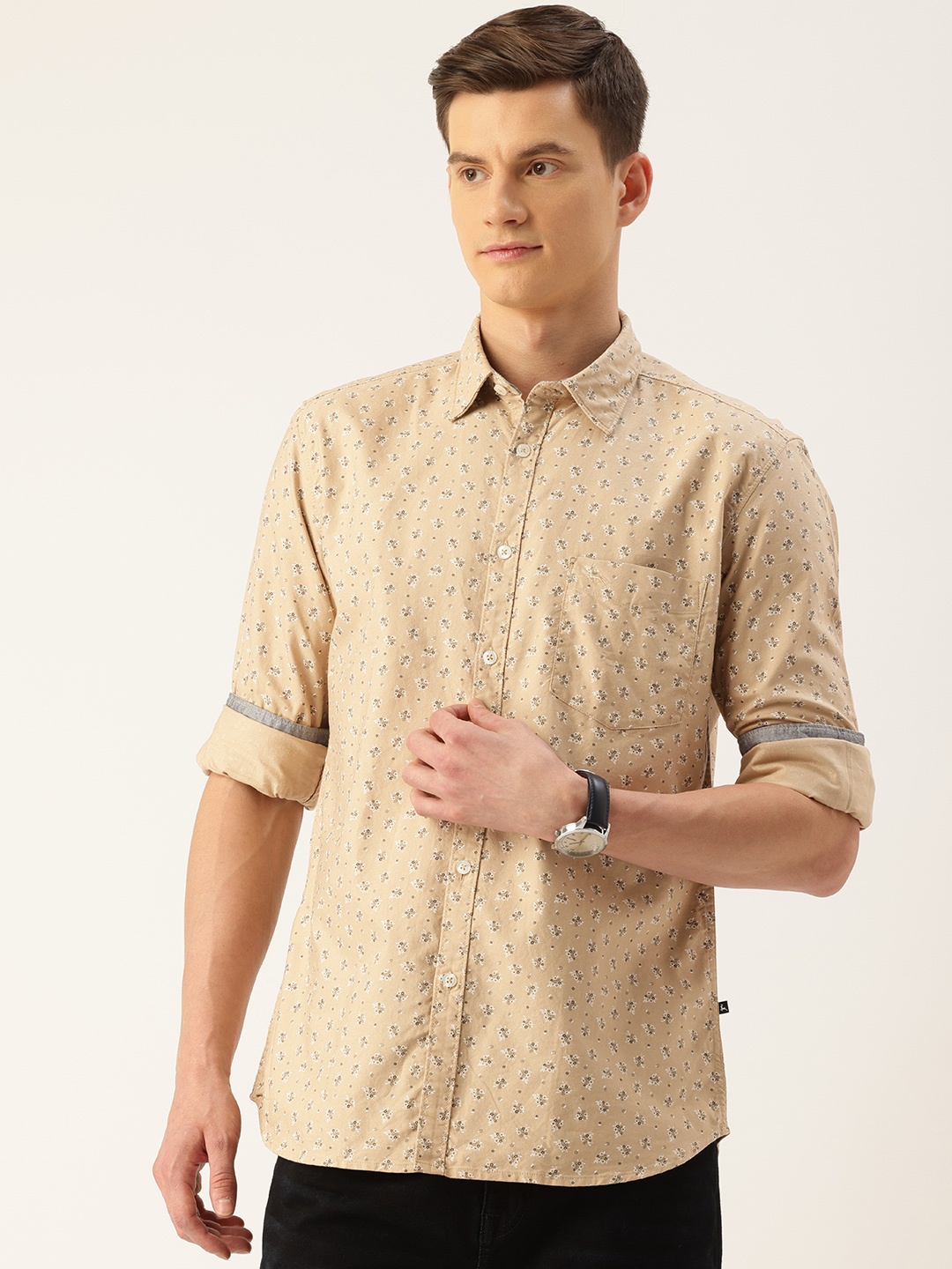 

Parx Pure Cotton Slim Fit Floral Printed Casual Shirt, Beige